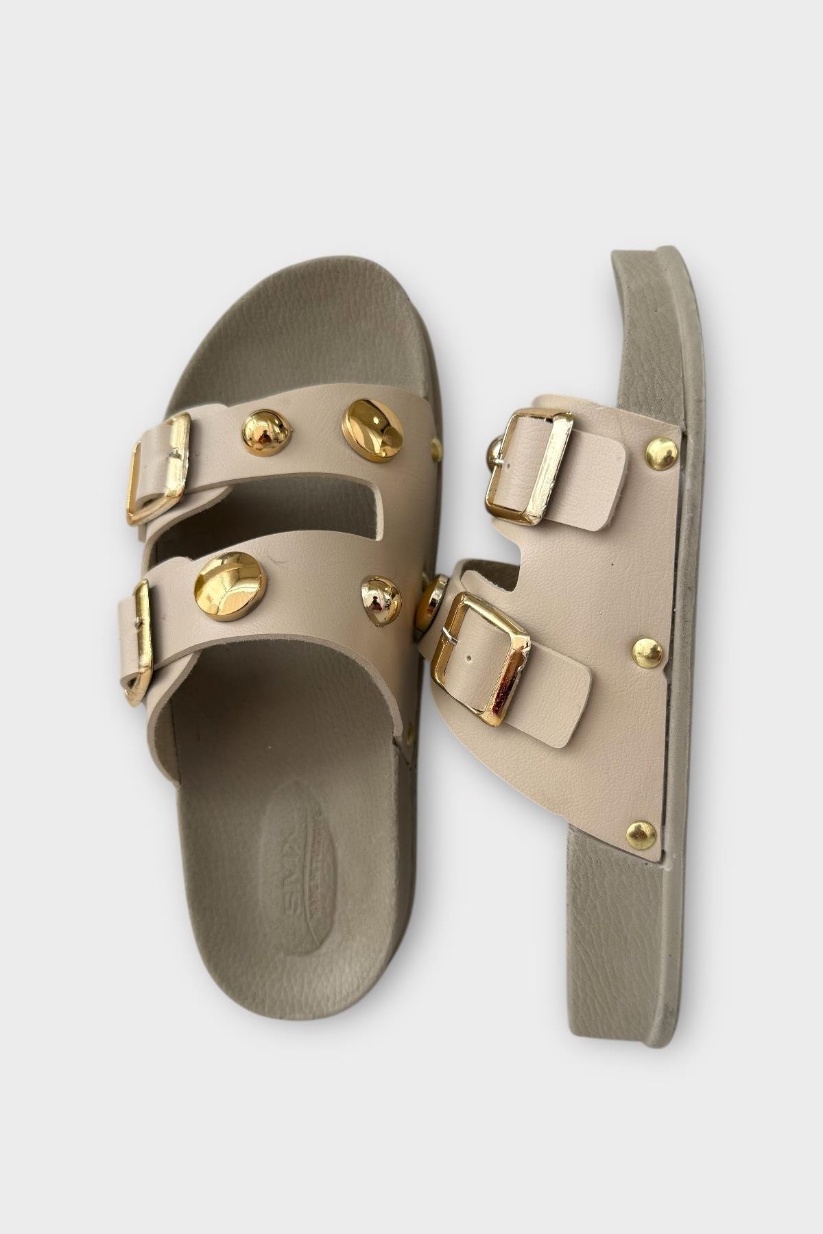 Kadın Çift Bantlı Toka Detaylı Günlük Konfor Terlik KREM - Görsel 7