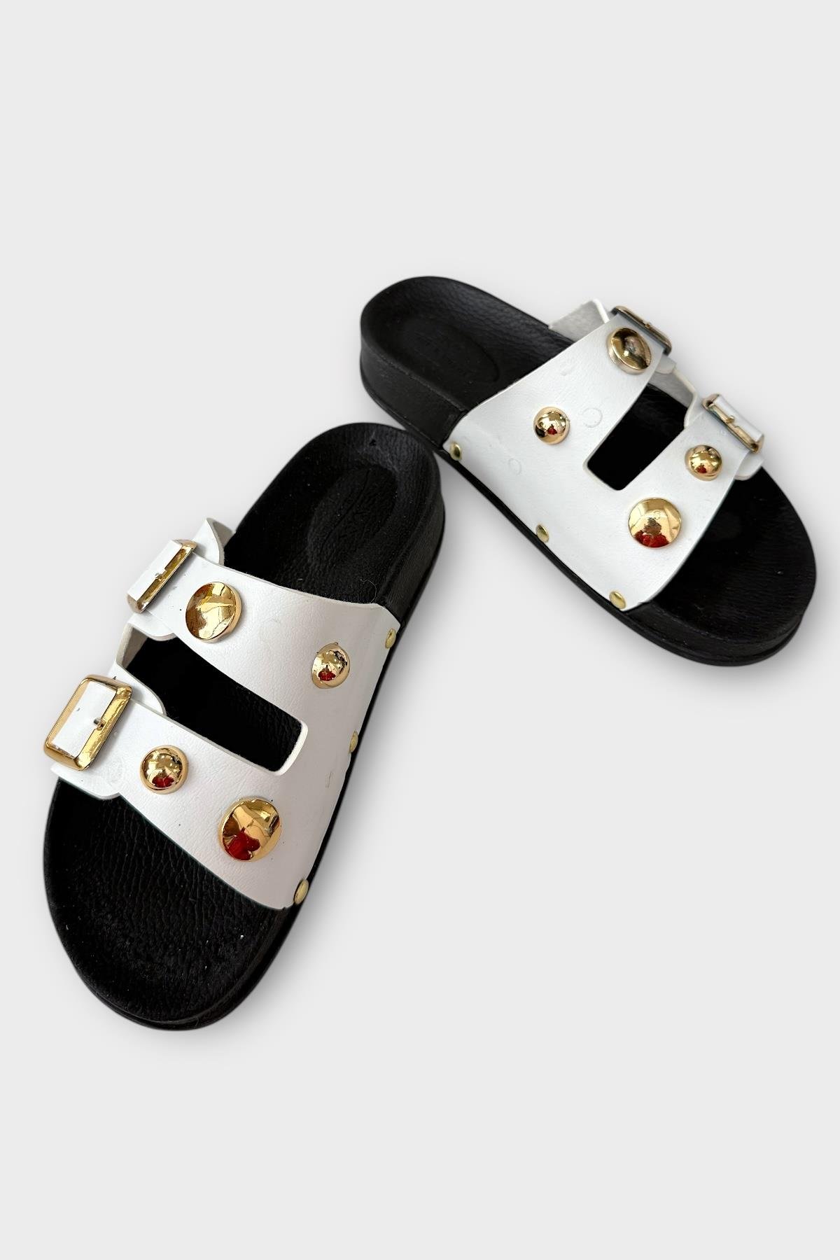 Kadın Çift Bantlı Toka Detaylı Günlük Konfor Terlik BEYAZ - Görsel 4