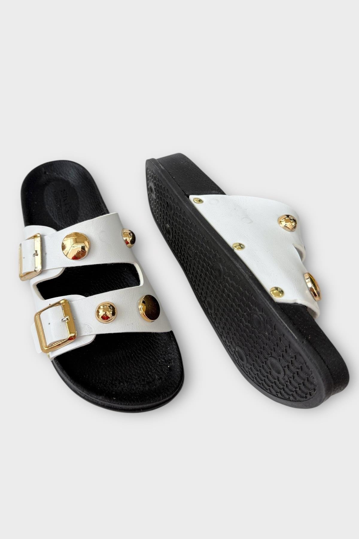 Kadın Çift Bantlı Toka Detaylı Günlük Konfor Terlik BEYAZ - Görsel 5