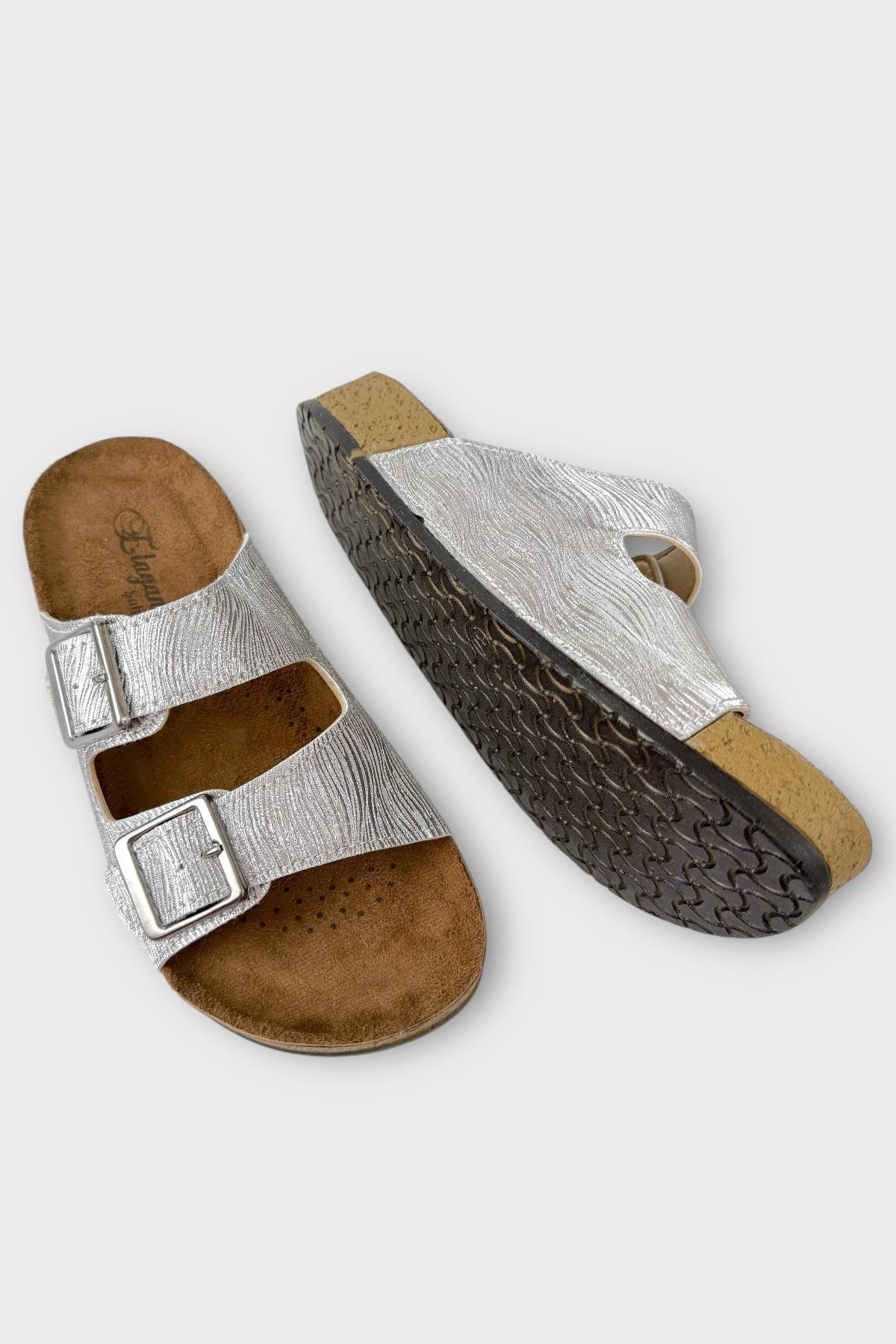 Kadın Günlük Terlik Ayarlanabililr Tokalı Çift Bantlı Şık Ortopedik Yazlık Ev Plaj Tatil Terliği GÜMÜŞ - Görsel 5
