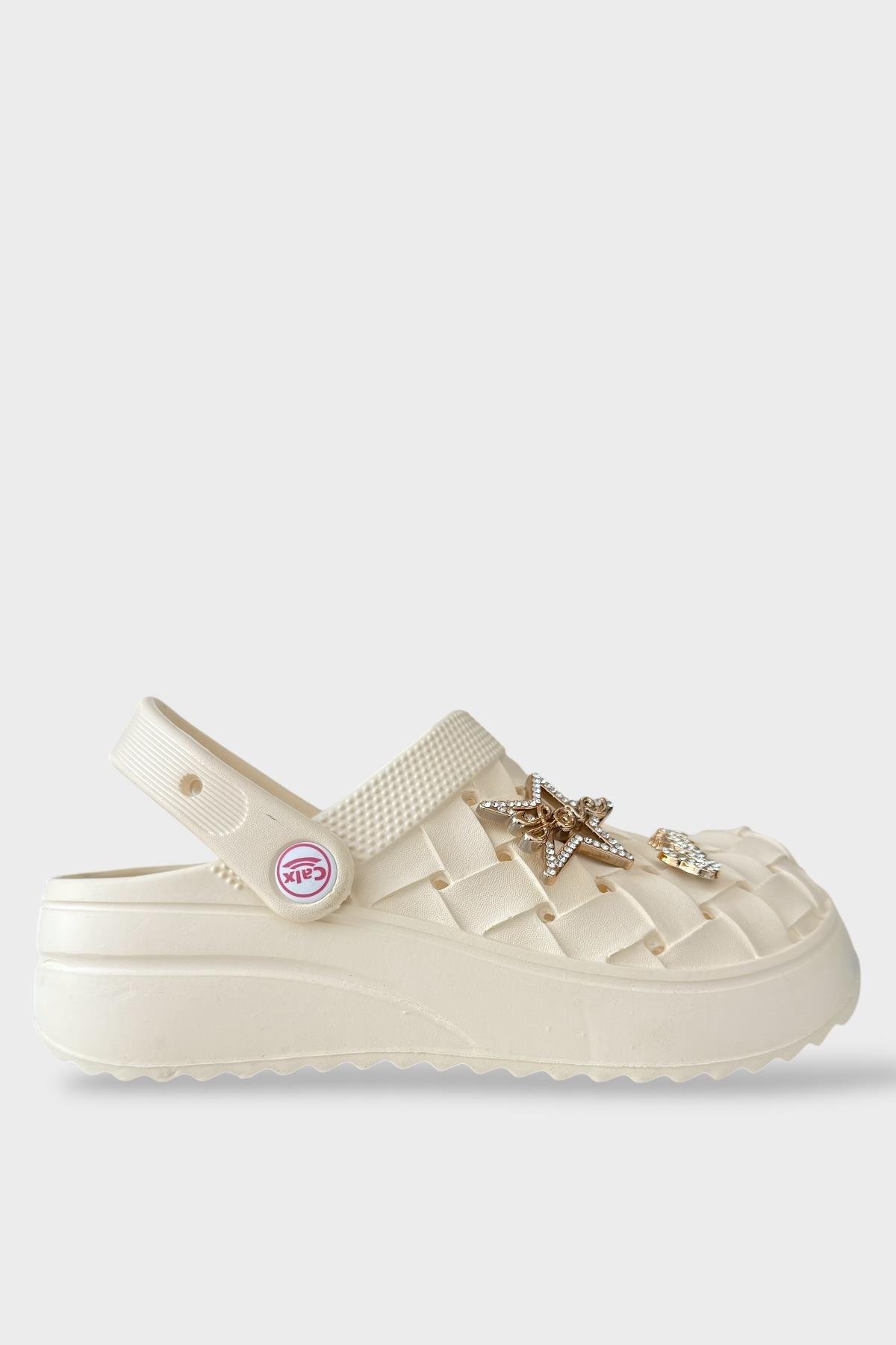 Kadın Taşlı Comfort Hafif Yüksek Taban Yazlık Sandalet Terlik KREM - Görsel 2