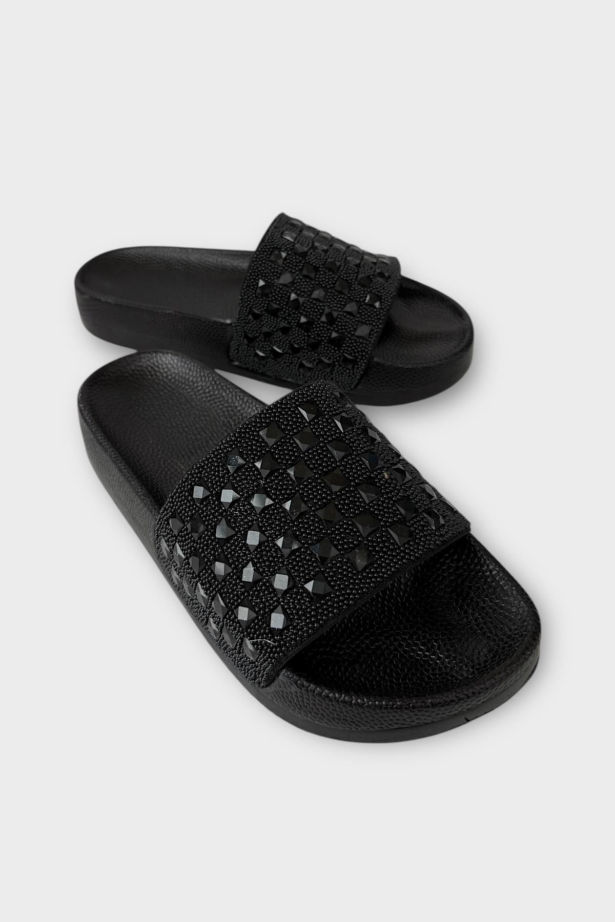 Kadın Günlük Terlik Taşlı Şık Yazlık Ev Plaj Tatil Terliği SİYAH - TABA - Görsel 3