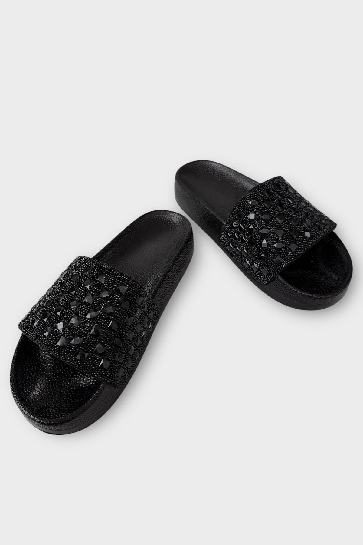 Kadın Günlük Terlik Taşlı Şık Yazlık Ev Plaj Tatil Terliği SİYAH - TABA - Görsel 4