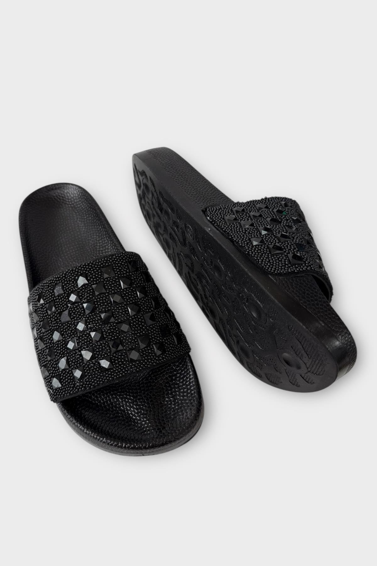 Kadın Günlük Terlik Taşlı Şık Yazlık Ev Plaj Tatil Terliği SİYAH - TABA - Görsel 5