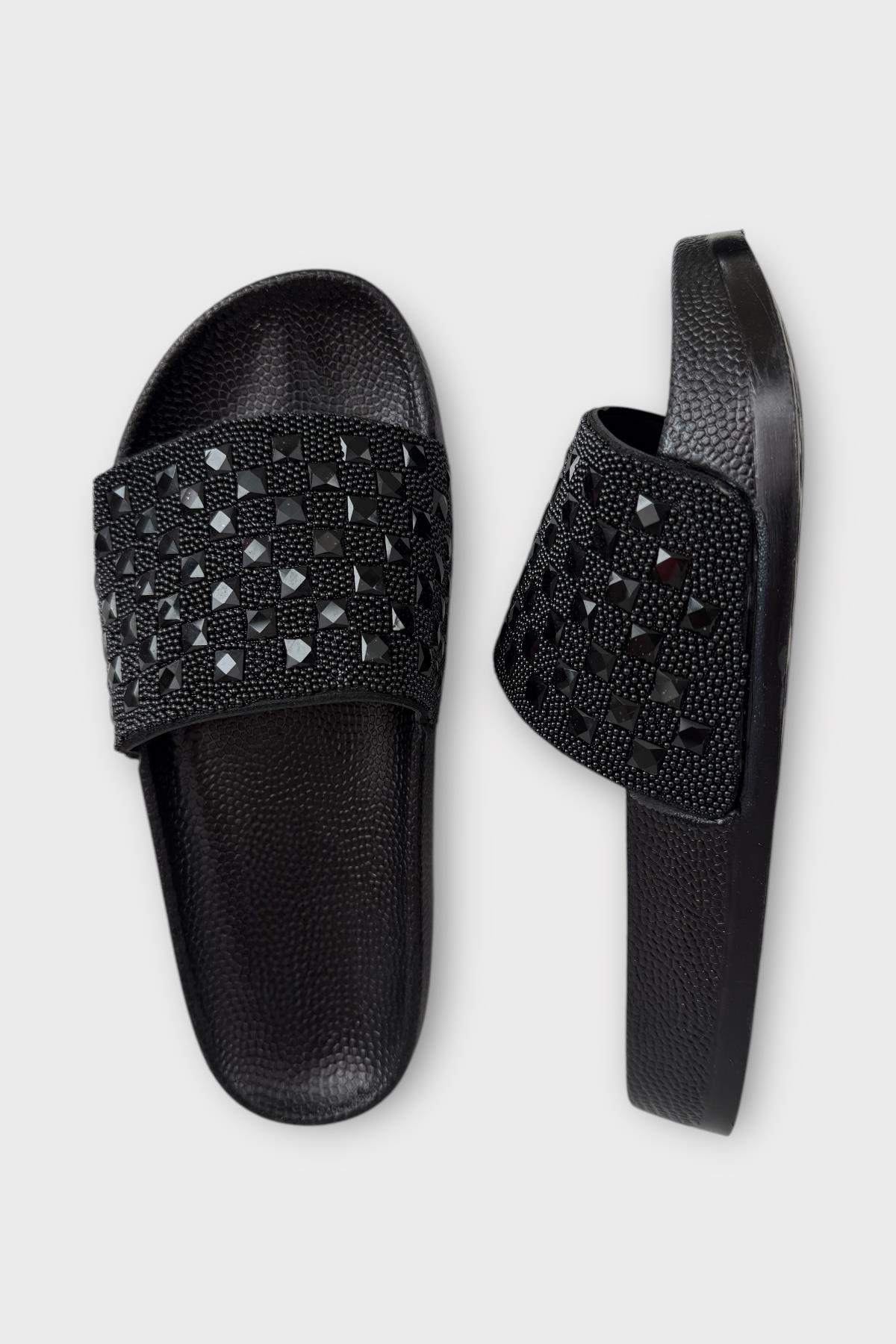 Kadın Günlük Terlik Taşlı Şık Yazlık Ev Plaj Tatil Terliği SİYAH - TABA - Görsel 7