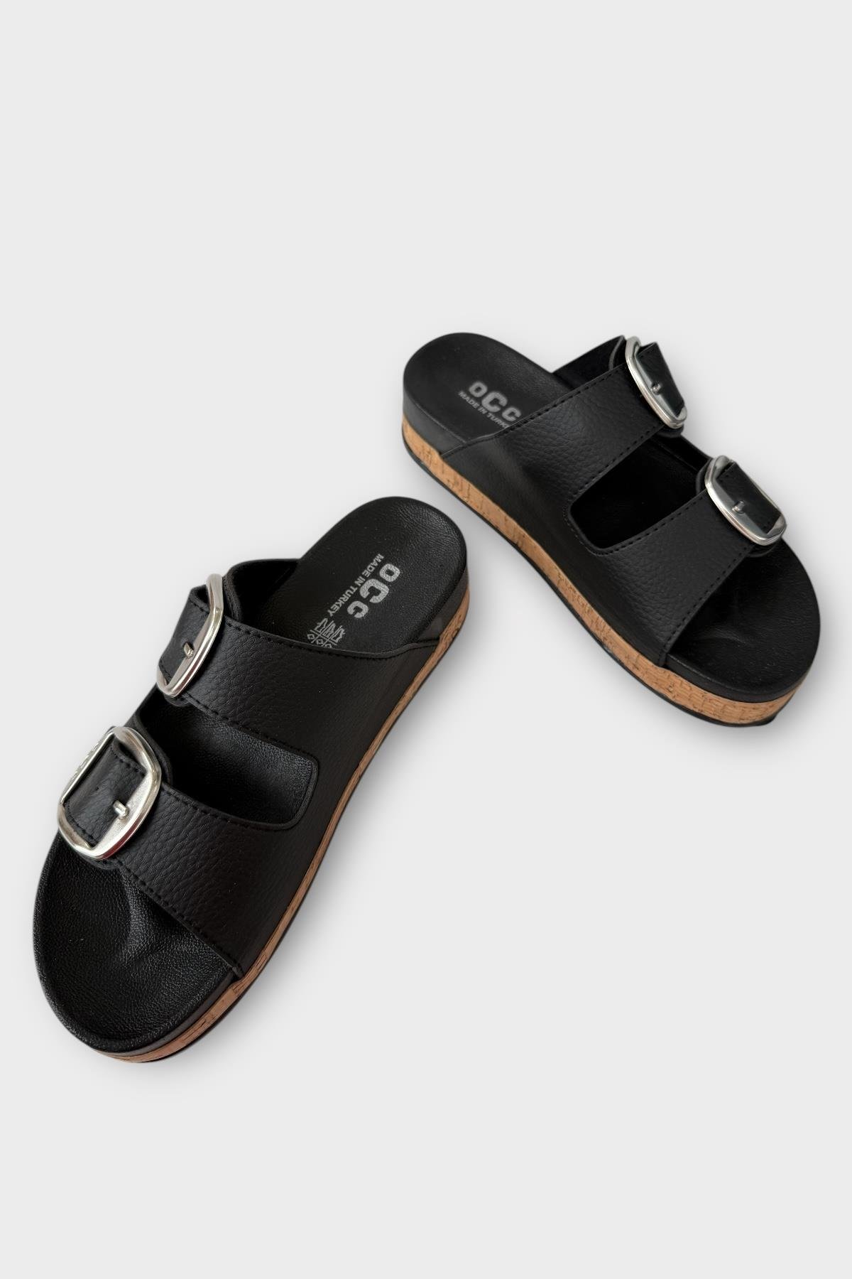 Kadın Günlük Terlik Kalın Taban Tokalı Çift Bantlı Rahat Şık Yazlık Ev Plaj Tatil Terliği SİYAH - Görsel 4