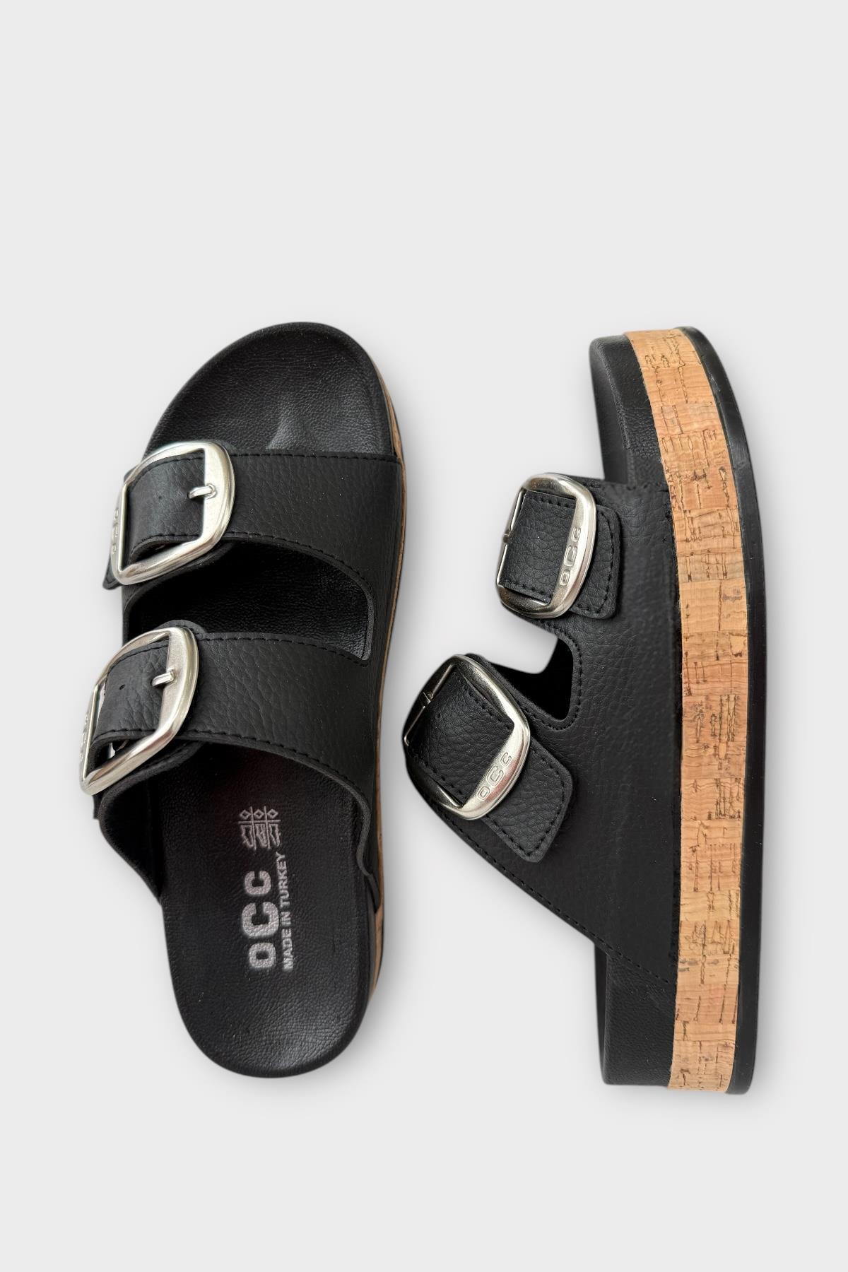 Kadın Günlük Terlik Kalın Taban Tokalı Çift Bantlı Rahat Şık Yazlık Ev Plaj Tatil Terliği SİYAH - Görsel 7