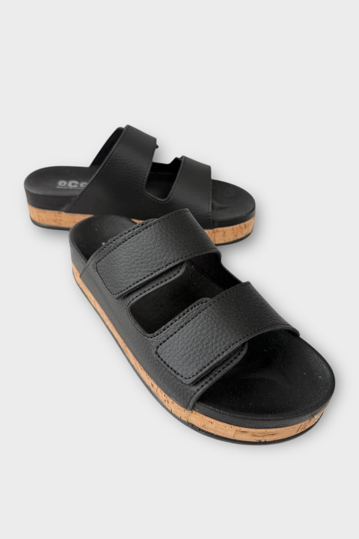 Kadın Günlük Terlik Kalın Taban Çift Bant Cırtlı Rahat Şık Yazlık Ev Plaj Tatil Terliği SİYAH - Görsel 3