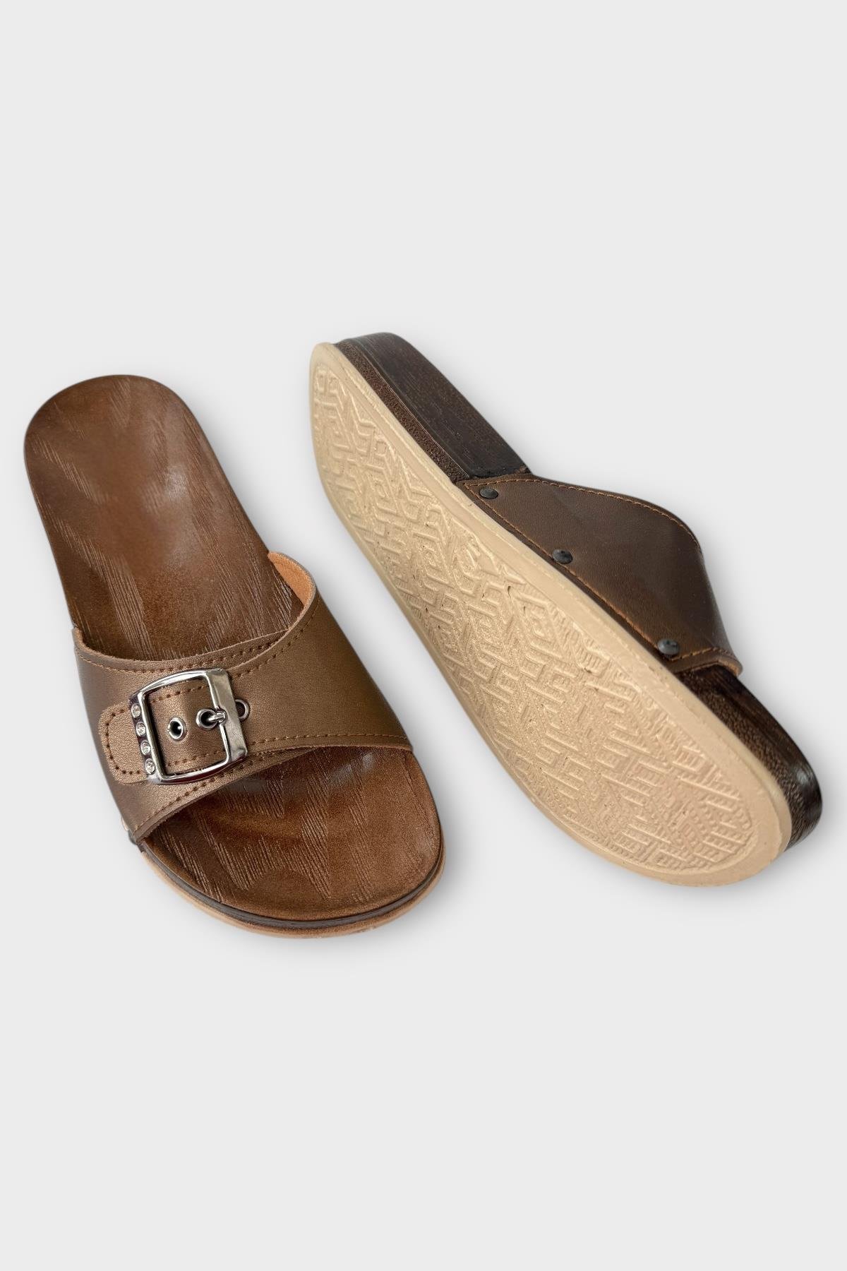 Kadın Günlük Terlik Ayarlanabilir Tek Bant Şık Ortopedik Yazlık Ev Plaj Tatil İş Terliği KAHVERENGİ - Görsel 5