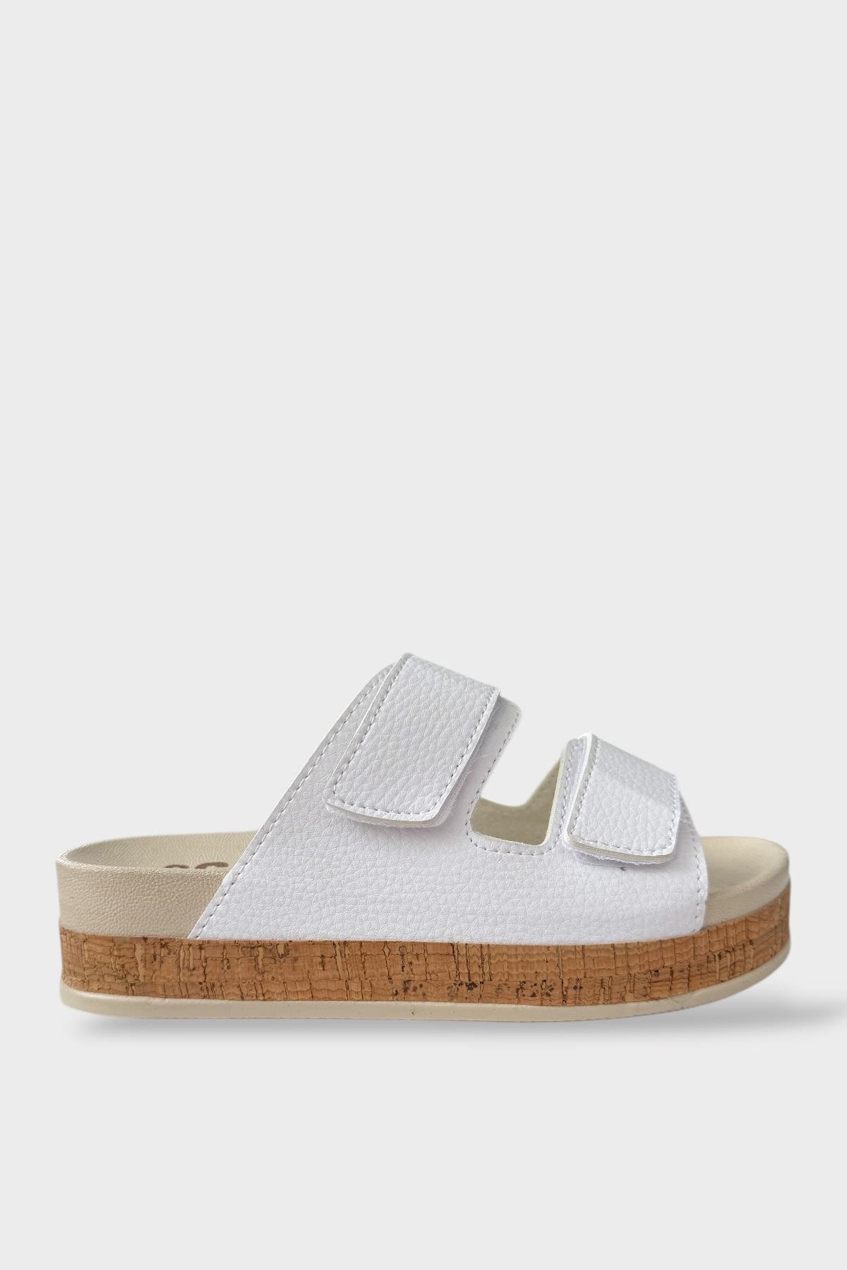 Kadın Günlük Terlik Kalın Taban Çift Bant Cırtlı Rahat Şık Yazlık Ev Plaj Tatil Terliği BEYAZ - Görsel 2