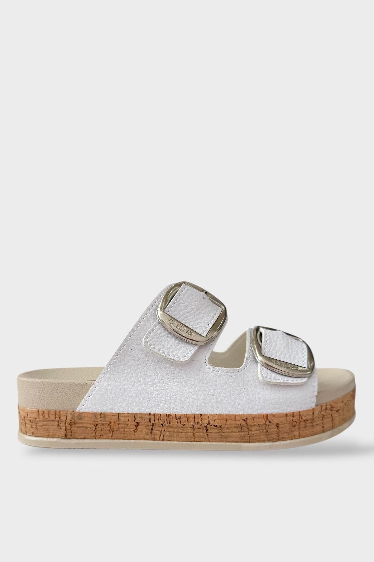 Kadın Günlük Terlik Kalın Taban Tokalı Çift Bantlı Rahat Şık Yazlık Ev Plaj Tatil Terliği BEYAZ - Görsel 2