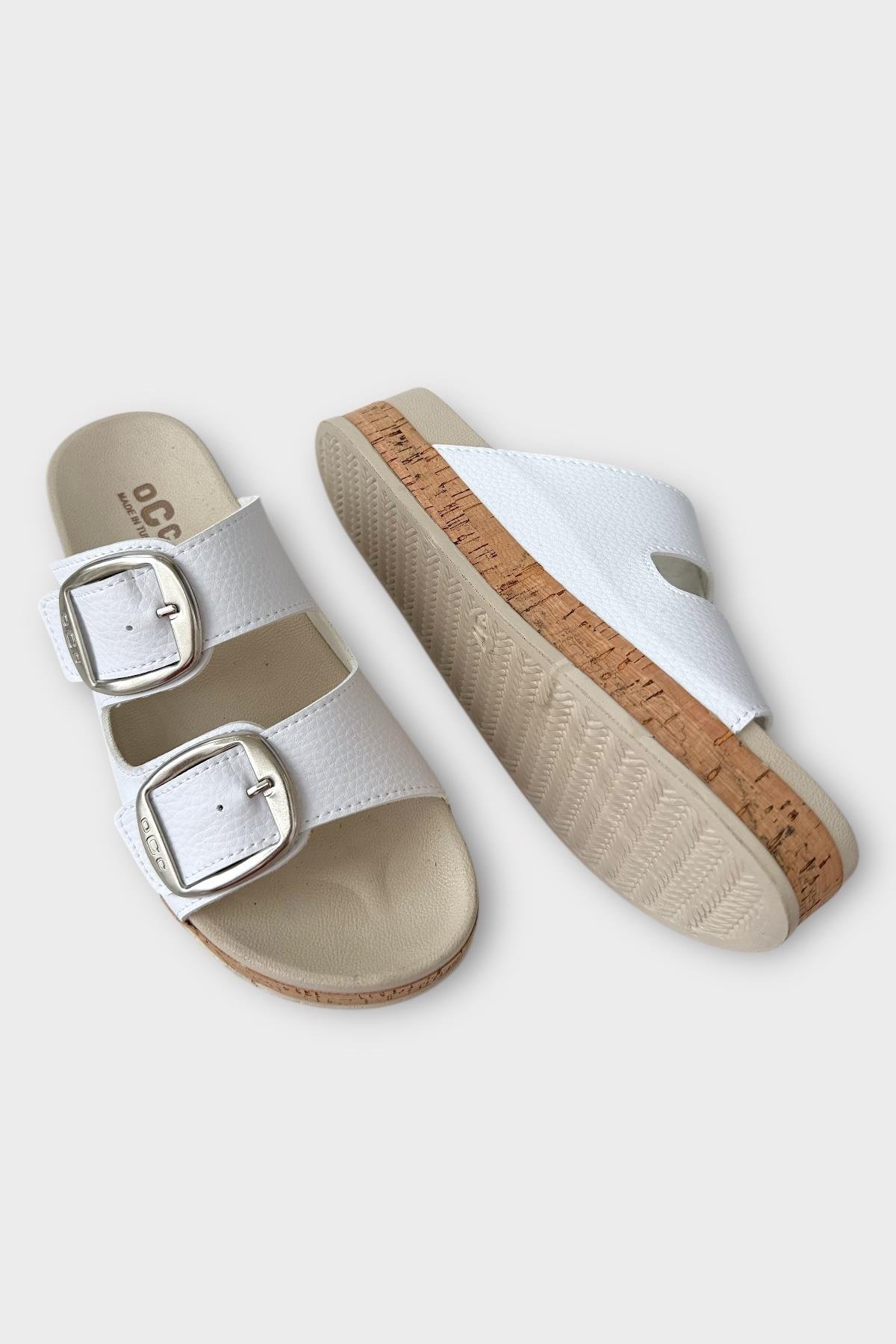 Kadın Günlük Terlik Kalın Taban Tokalı Çift Bantlı Rahat Şık Yazlık Ev Plaj Tatil Terliği BEYAZ - Görsel 5