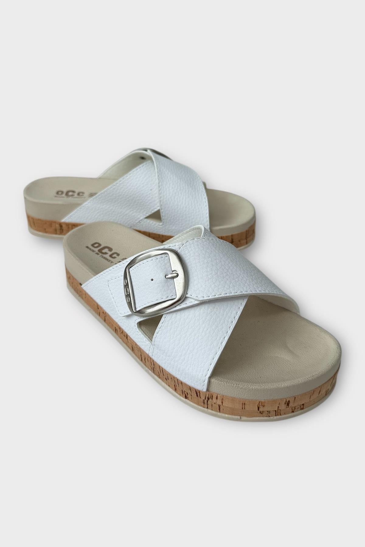 Kadın Günlük Terlik Kalın Taban Tokalı Çapraz Rahat Şık Yazlık Ev Plaj Tatil Terliği BEYAZ - Görsel 3