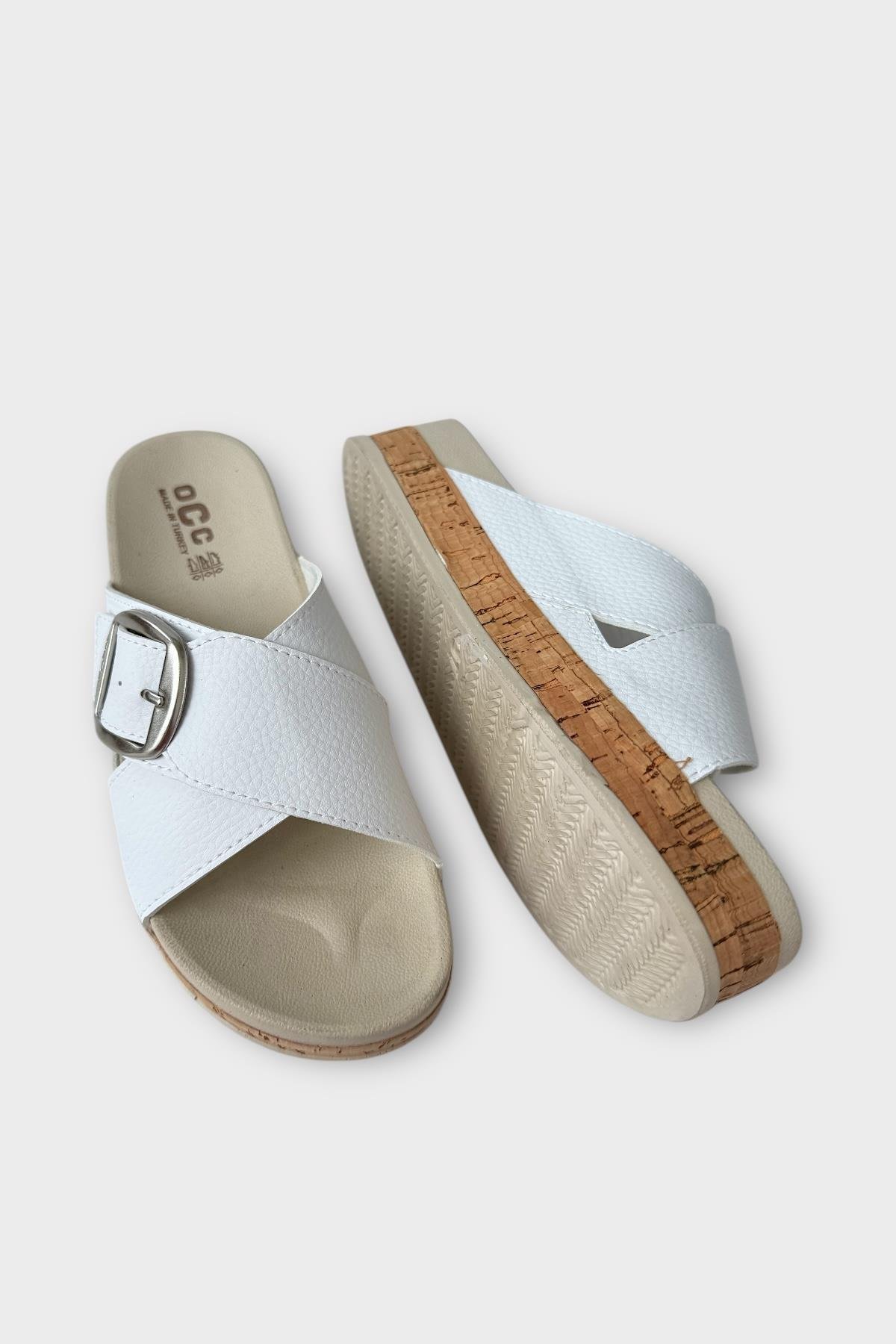 Kadın Günlük Terlik Kalın Taban Tokalı Çapraz Rahat Şık Yazlık Ev Plaj Tatil Terliği BEYAZ - Görsel 5