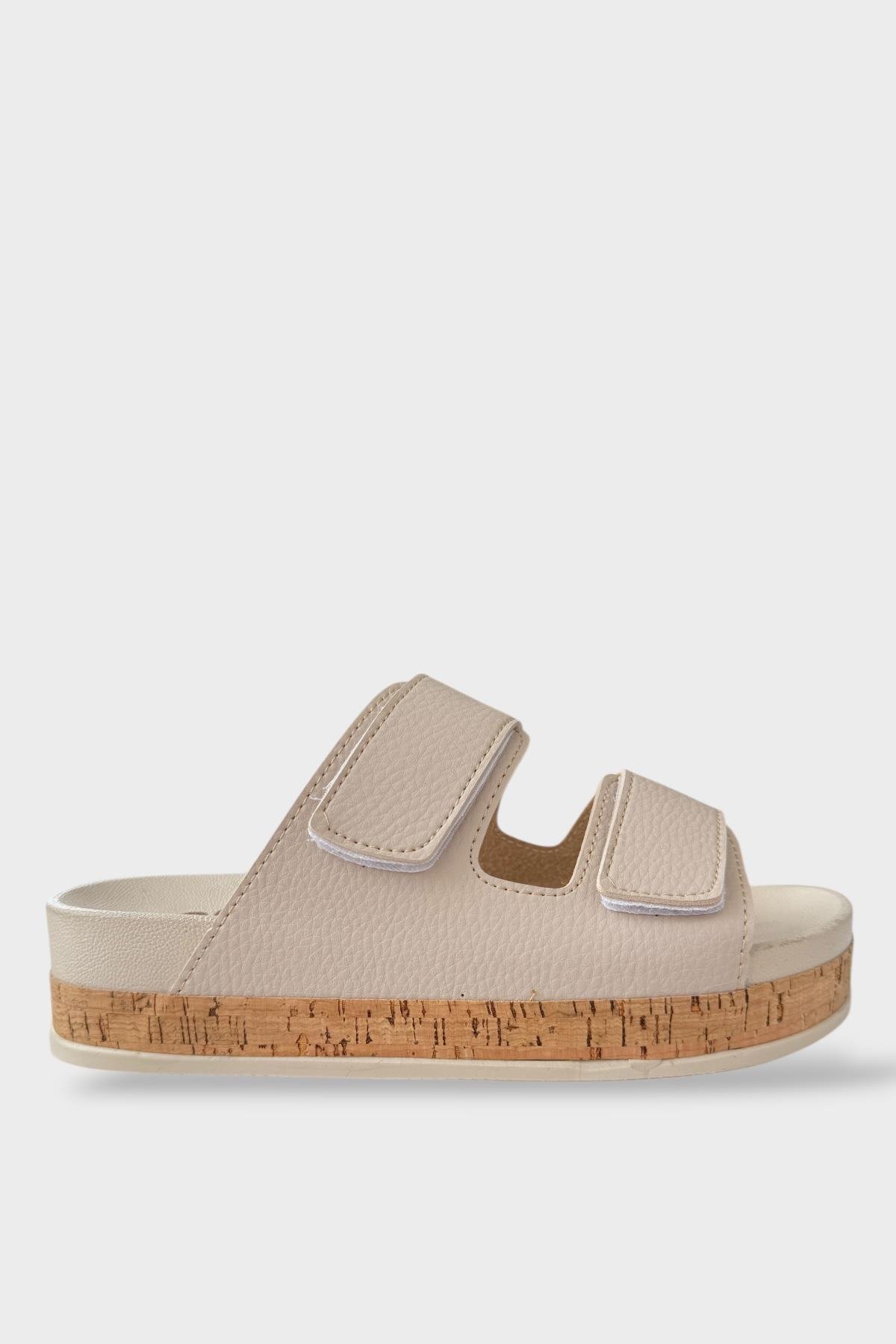 Kadın Günlük Terlik Kalın Taban Çift Bant Cırtlı Rahat Şık Yazlık Ev Plaj Tatil Terliği BEJ - Görsel 2