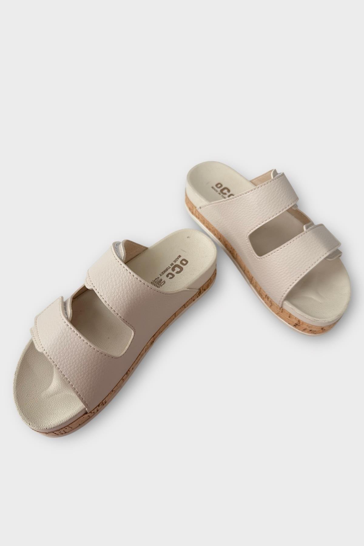 Kadın Günlük Terlik Kalın Taban Çift Bant Cırtlı Rahat Şık Yazlık Ev Plaj Tatil Terliği BEJ - Görsel 4