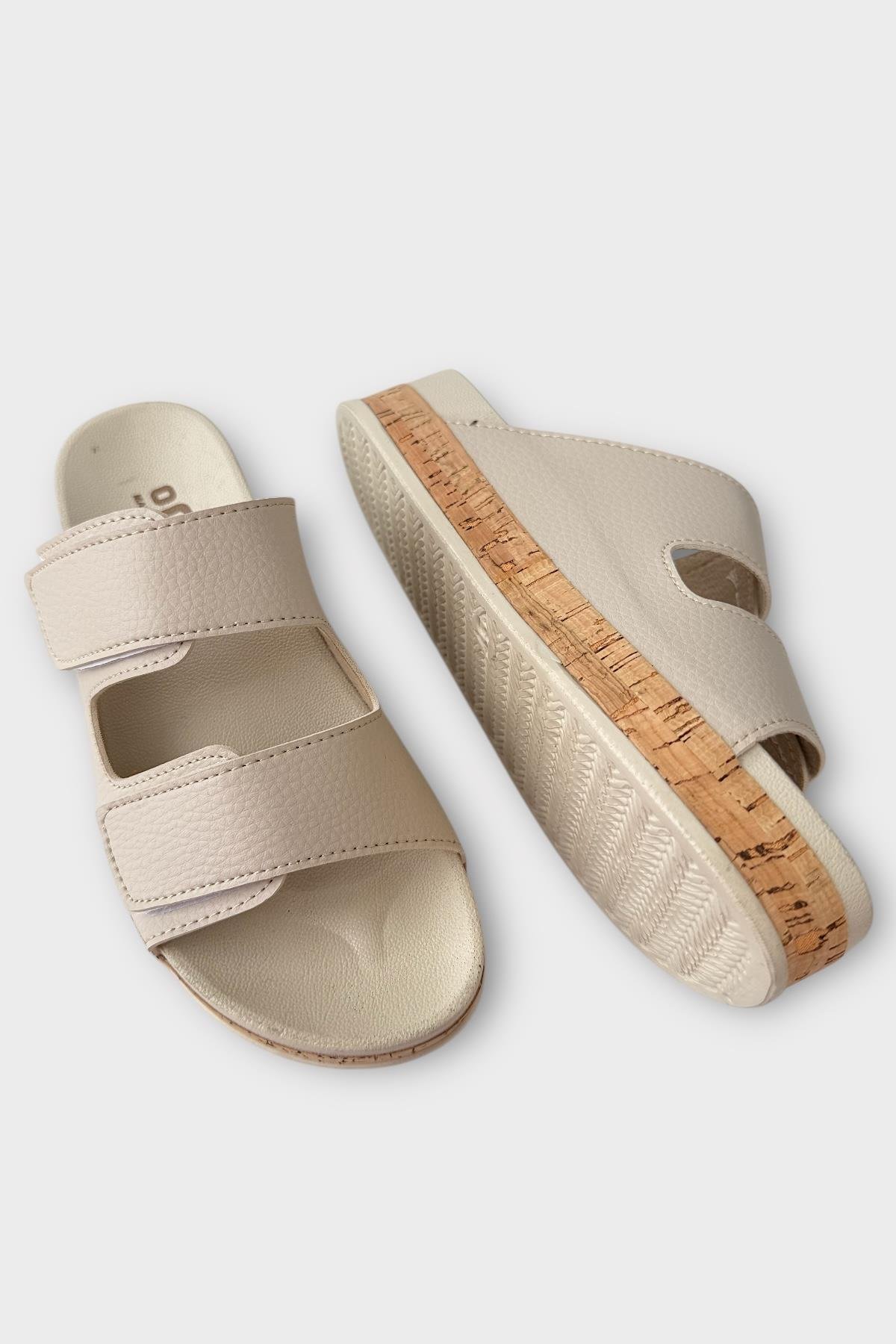 Kadın Günlük Terlik Kalın Taban Çift Bant Cırtlı Rahat Şık Yazlık Ev Plaj Tatil Terliği BEJ - Görsel 5