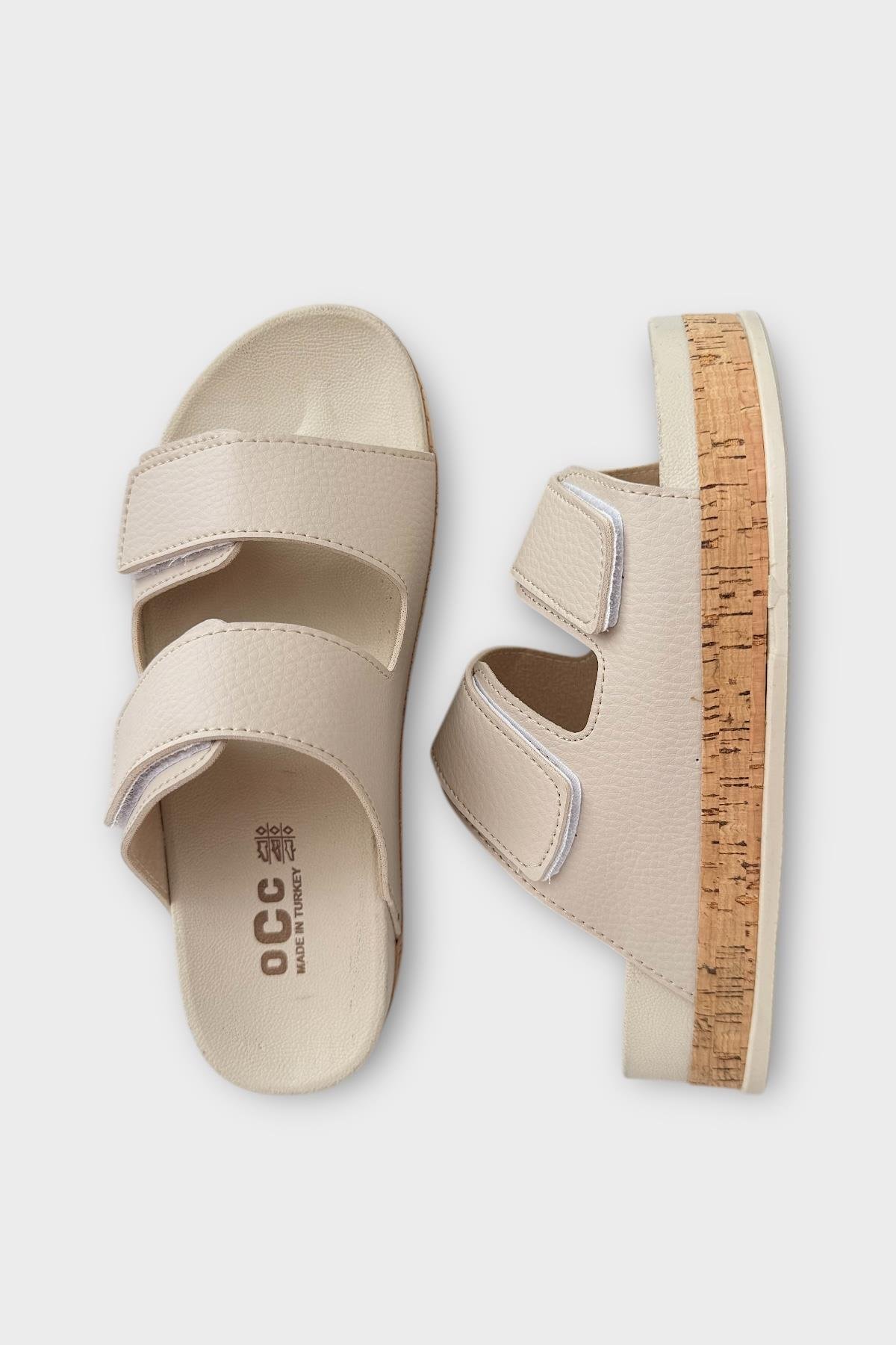 Kadın Günlük Terlik Kalın Taban Çift Bant Cırtlı Rahat Şık Yazlık Ev Plaj Tatil Terliği BEJ - Görsel 7