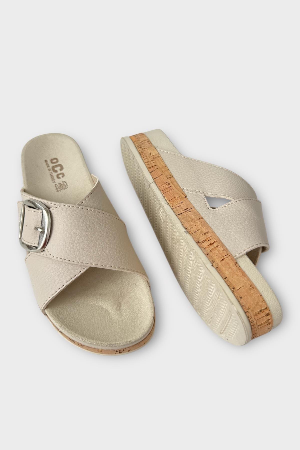 Kadın Günlük Terlik Kalın Taban Tokalı Çapraz Rahat Şık Yazlık Ev Plaj Tatil Terliği BEJ - Görsel 5