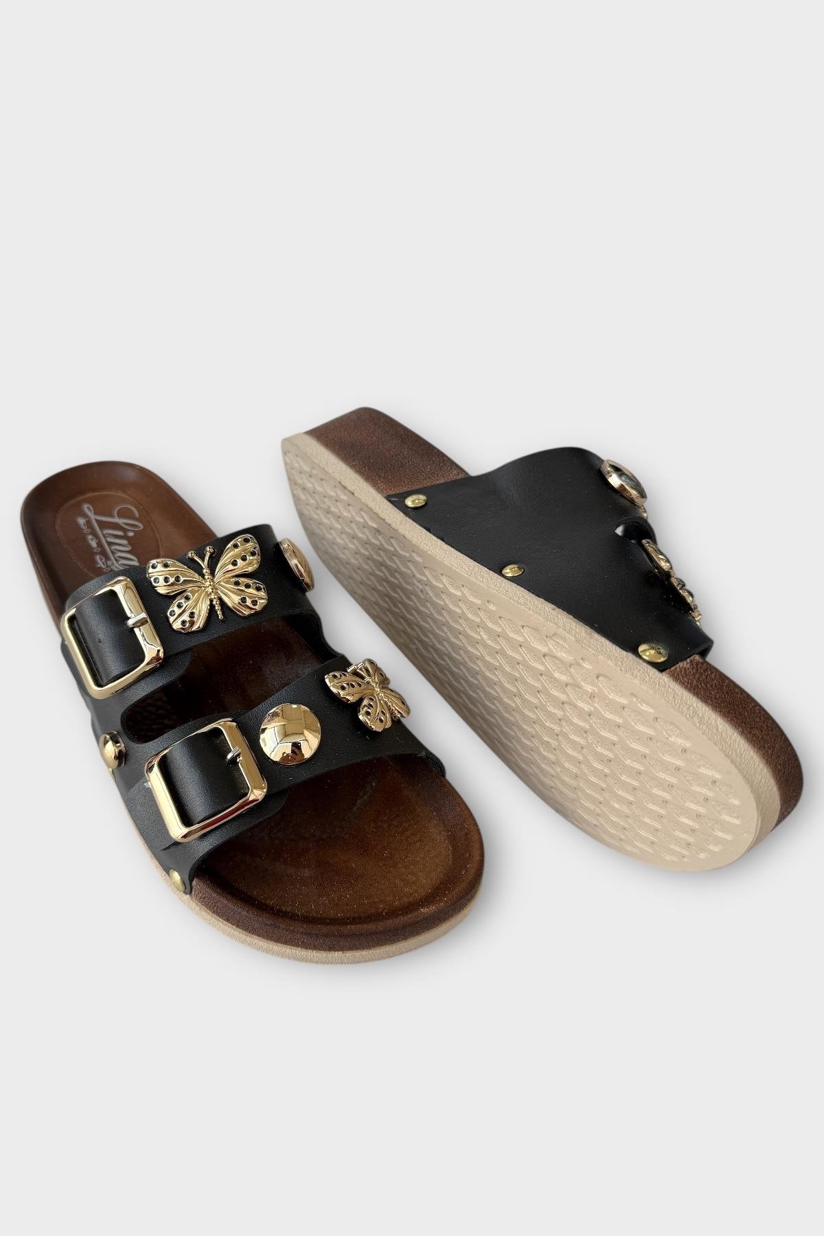Kadın Günlük Terlik Aksesuarlı Çift Bantlı Taban Şık Ortopedik Yazlık Ev Plaj Tatil Terliği SİYAH - Görsel 5