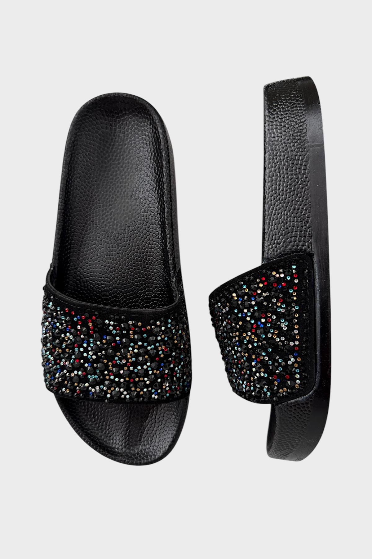 Kadın Günlük Terlik Taşlı Şık Yazlık Ev Plaj Tatil Terliği SİYAH - KIRMIZI - Görsel 6