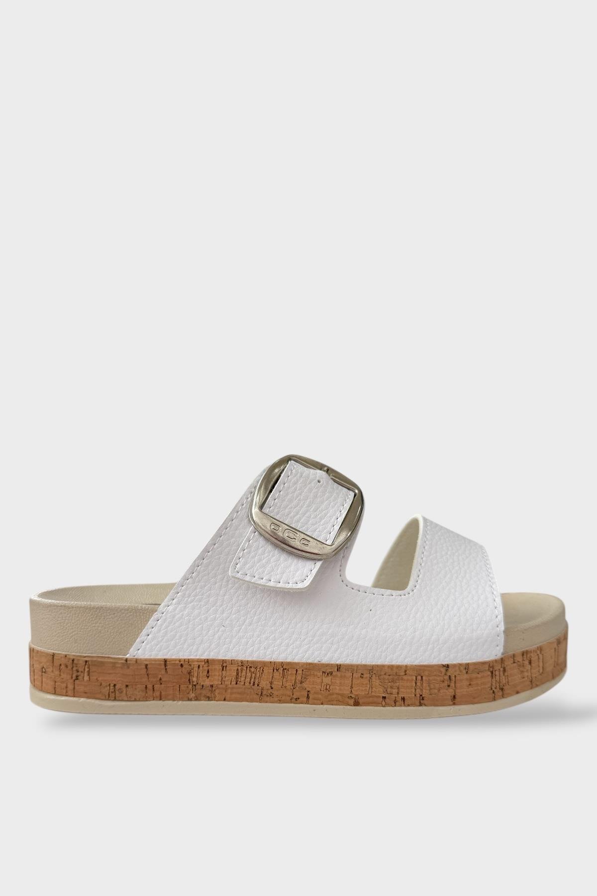 Kadın Günlük Terlik Kalın Taban Tokalı Rahat Şık Yazlık Ev Plaj Tatil Terliği BEYAZ - Görsel 2