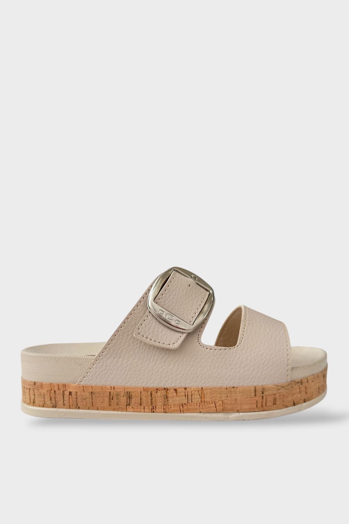 Kadın Günlük Terlik Kalın Taban Tokalı Rahat Şık Yazlık Ev Plaj Tatil Terliği BEJ - Görsel 2