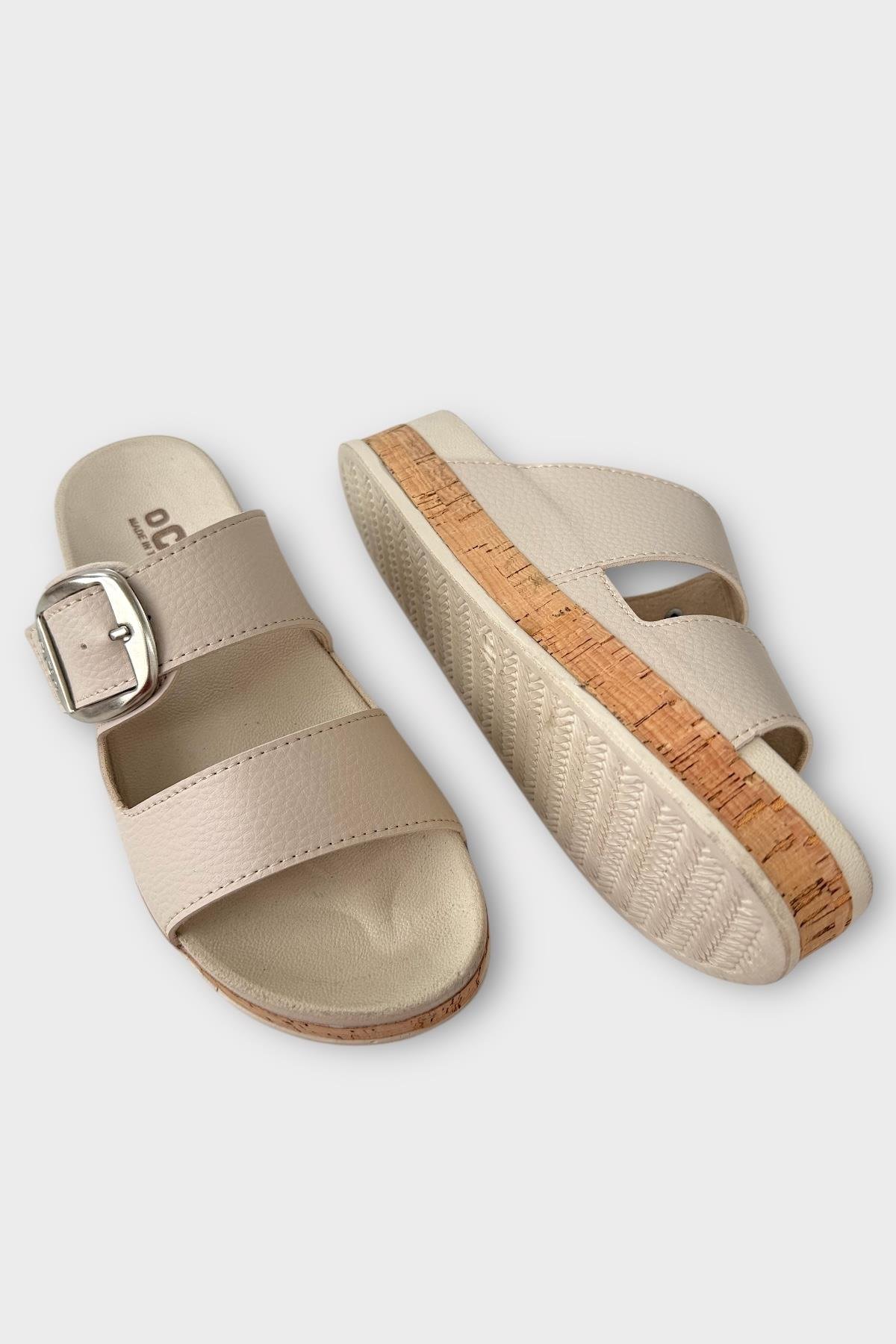 Kadın Günlük Terlik Kalın Taban Tokalı Rahat Şık Yazlık Ev Plaj Tatil Terliği BEJ - Görsel 5