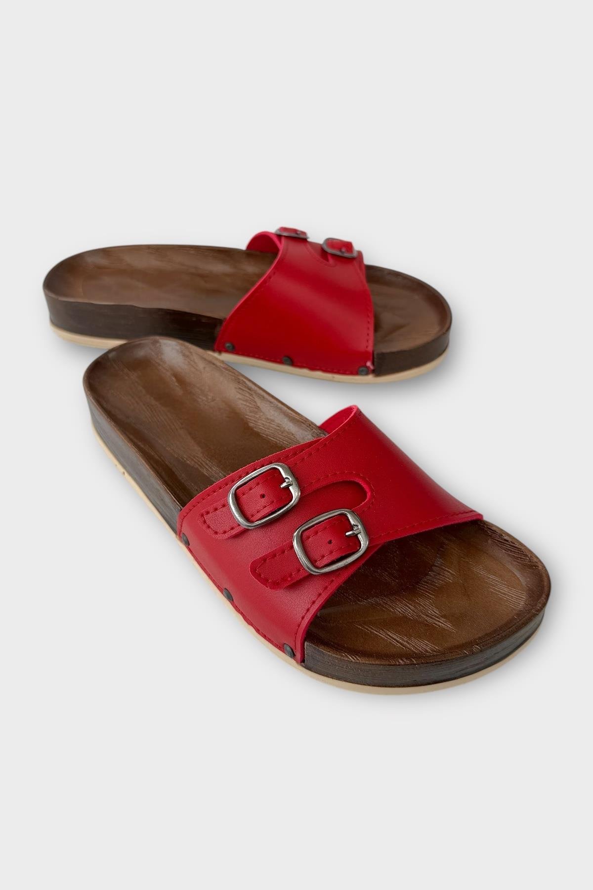 Kadın Günlük Terlik Ayarlanabilir Çift Bant Şık Ortopedik Yazlık Ev Plaj Tatil Terliği KIRMIZI - Görsel 3