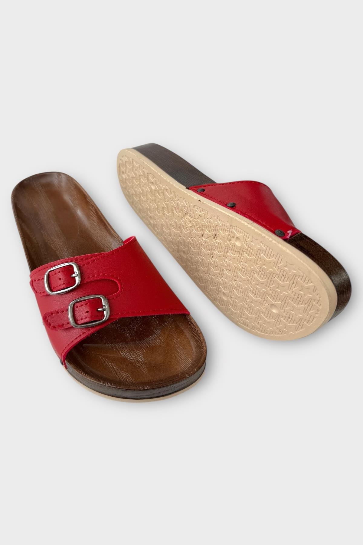 Kadın Günlük Terlik Ayarlanabilir Çift Bant Şık Ortopedik Yazlık Ev Plaj Tatil Terliği KIRMIZI - Görsel 5