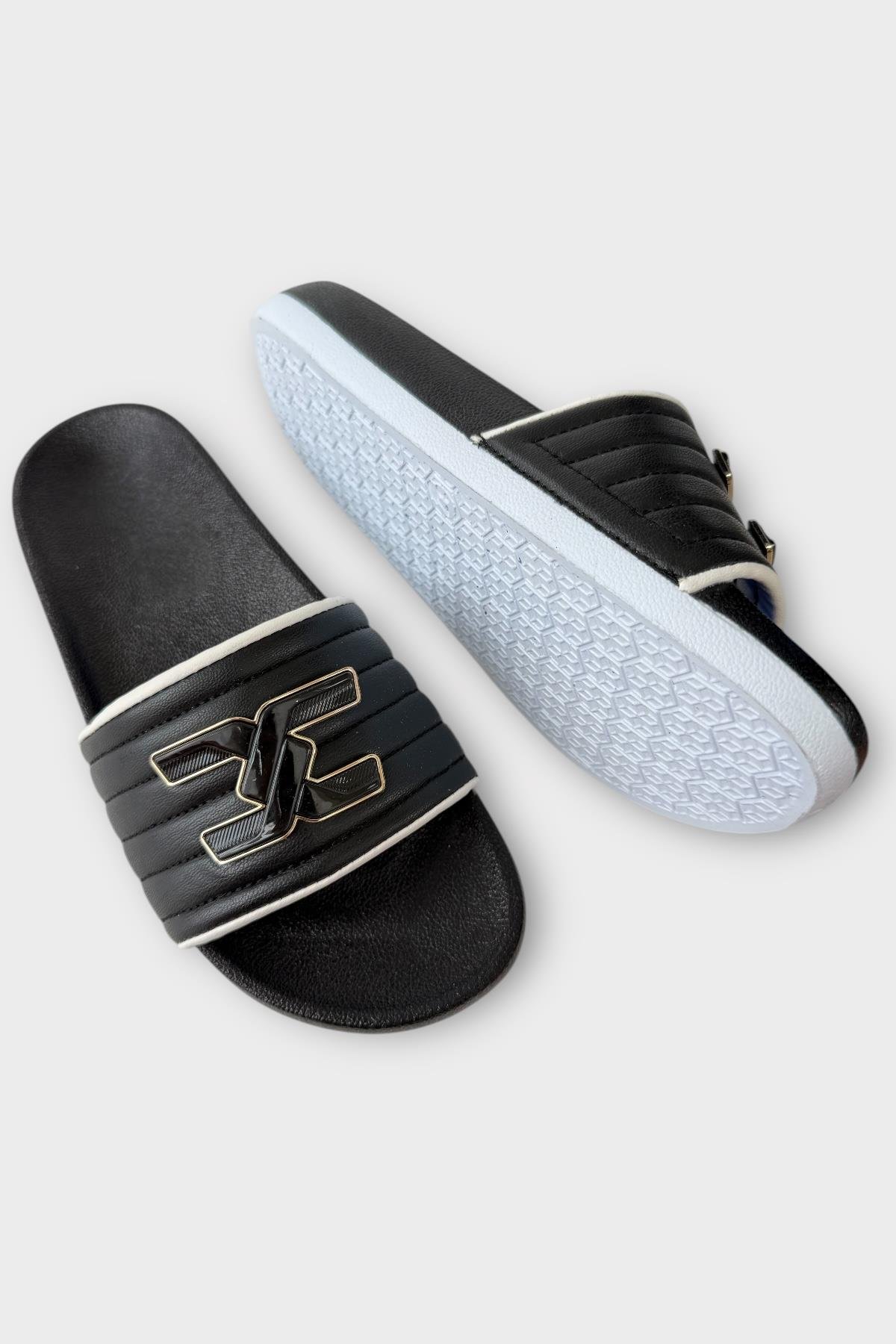 Kadın Günlük Terlik Tokalı Şık Yazlık Ev Plaj Tatil İş Terliği SİYAH - BEYAZ - Görsel 5