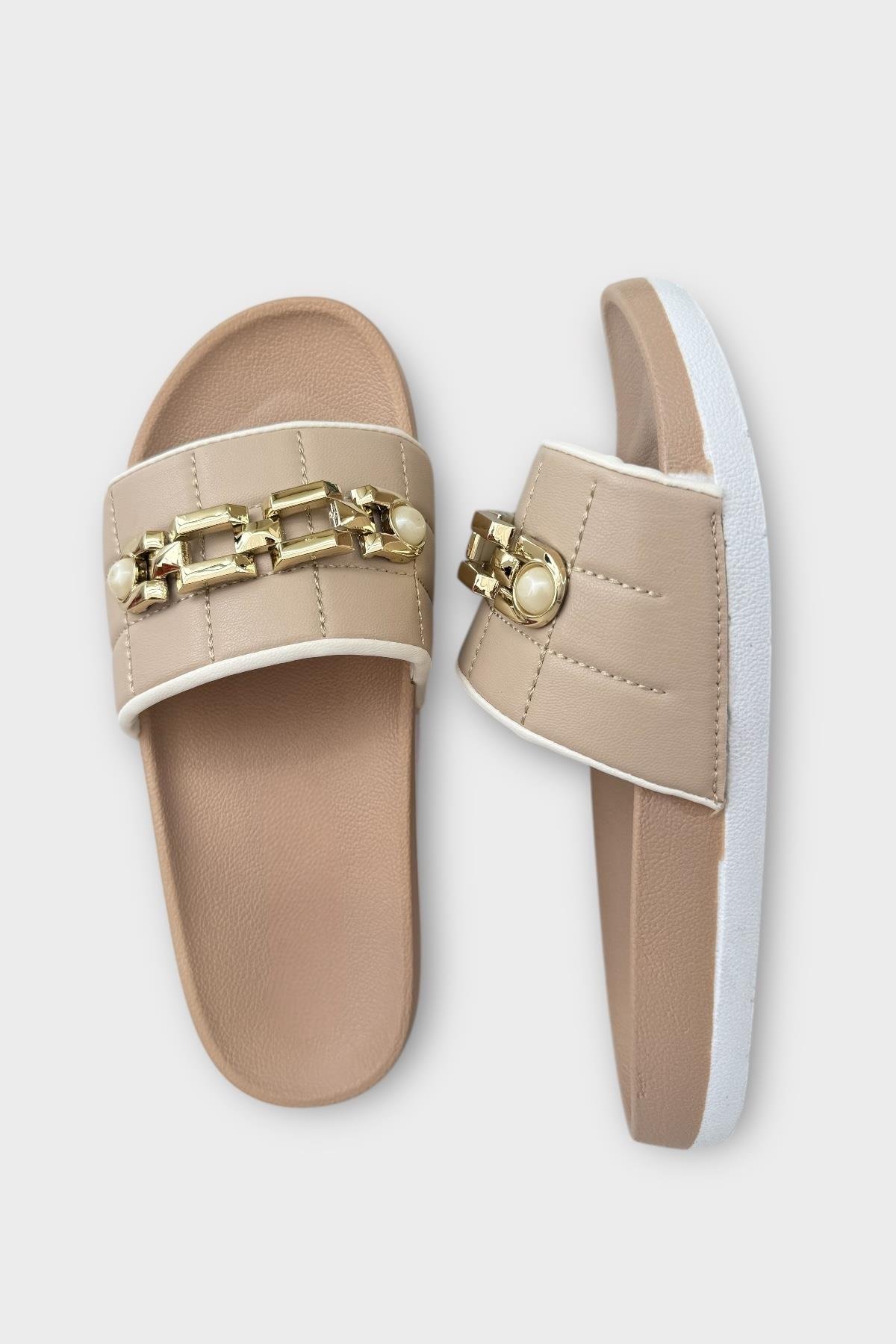 Kadın Günlük Terlik Tokalı Şık Yazlık Ev Plaj Tatil İş Terliği BEJ - Görsel 7