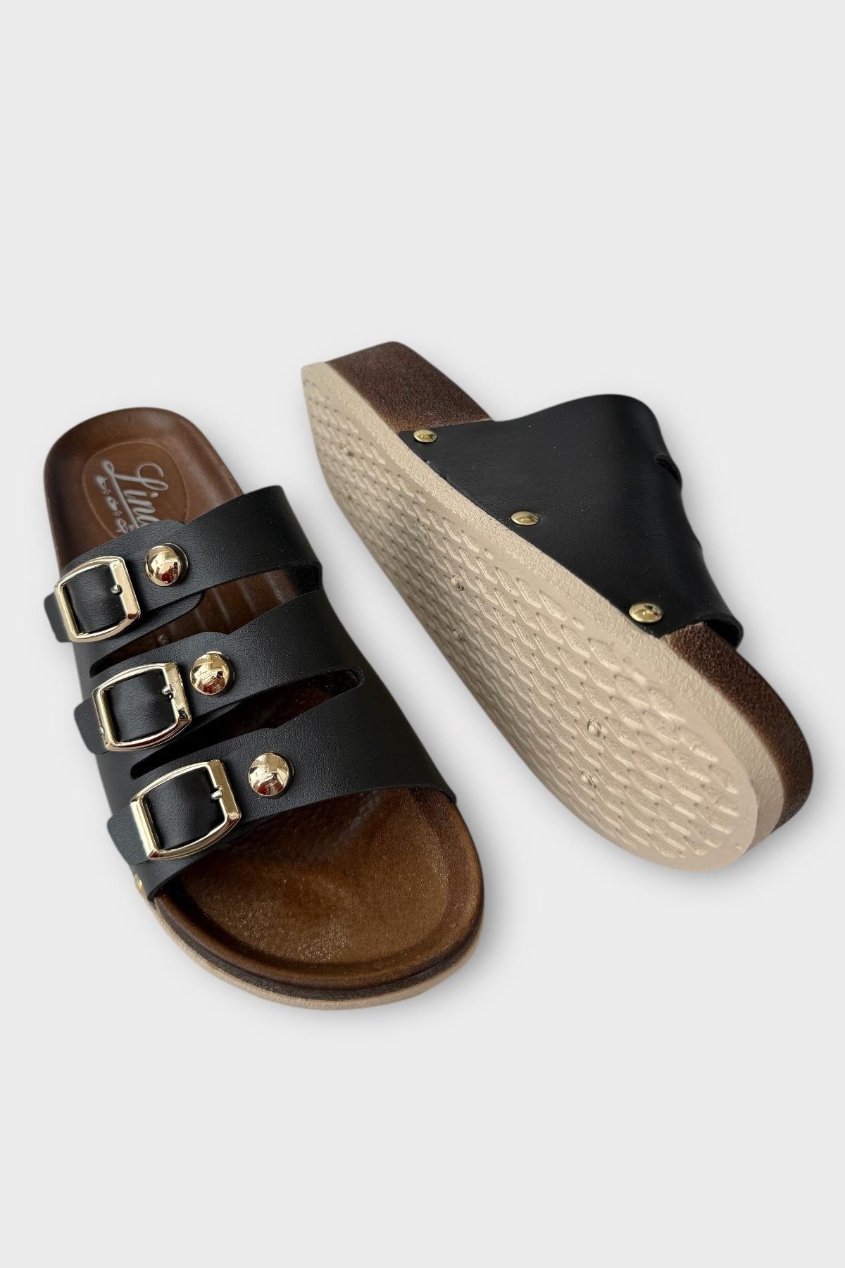 Kadın Günlük Terlik Tokalı Üç Bant Şık Ortopedik Yazlık Ev Plaj Tatil İş Terliği SİYAH - Görsel 5