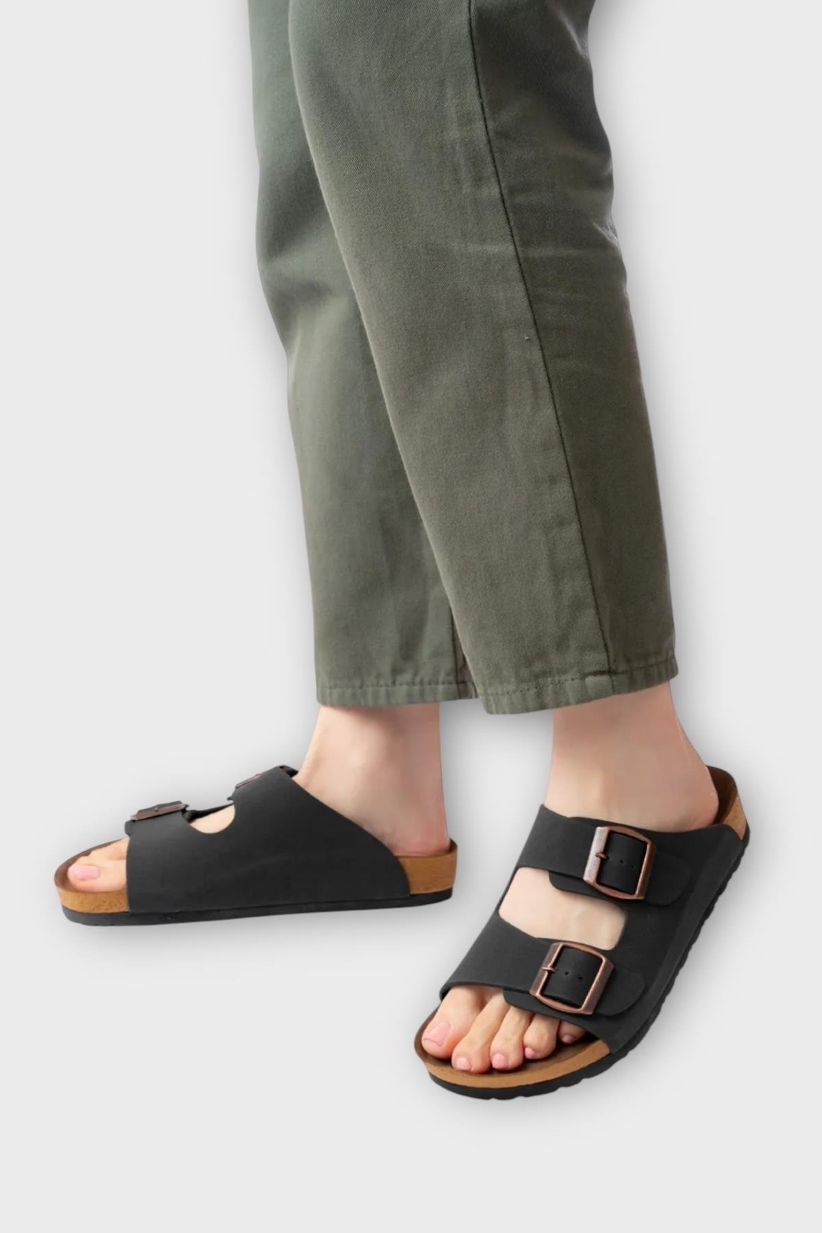 Unisex Çift Tokalı Ortopedik Terlik SİYAH - Görsel 9