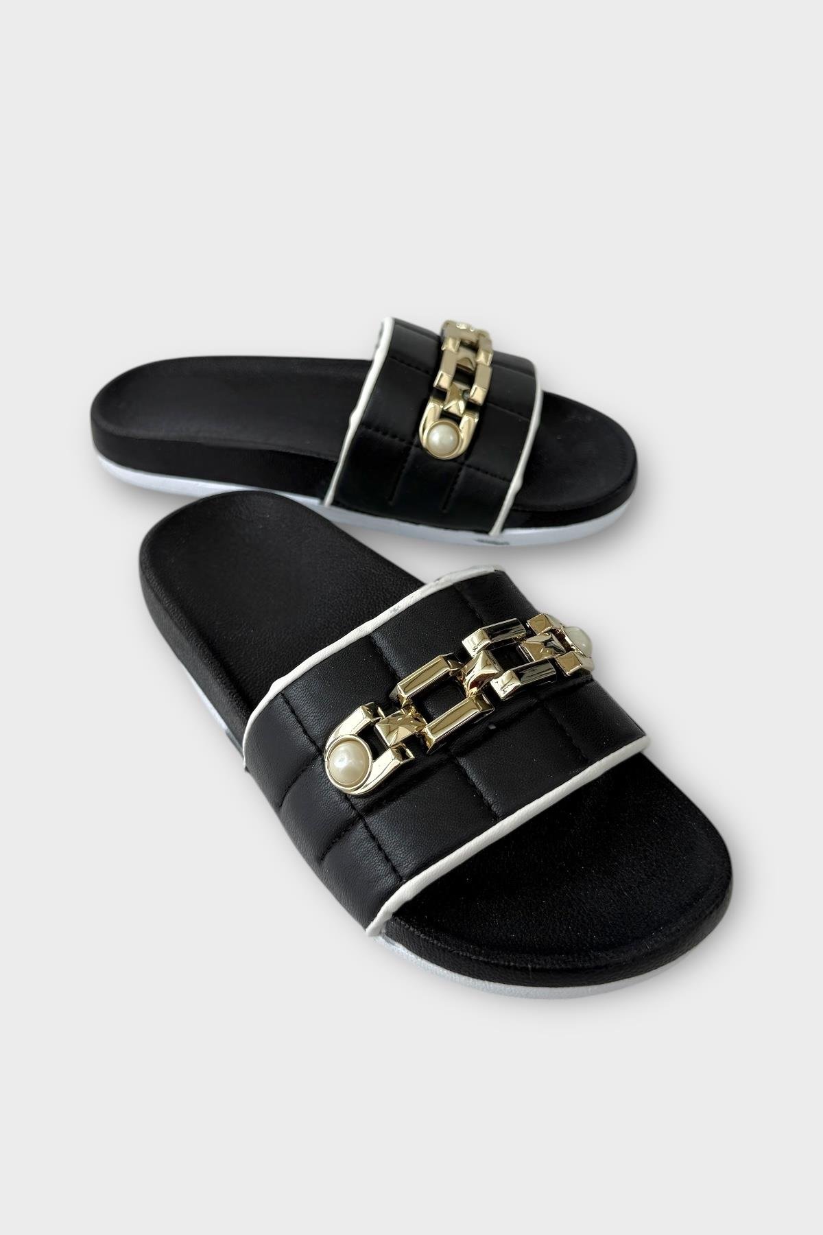 Kadın Günlük Terlik Tokalı Şık Yazlık Ev Plaj Tatil İş Terliği SİYAH - ALTIN - Görsel 3