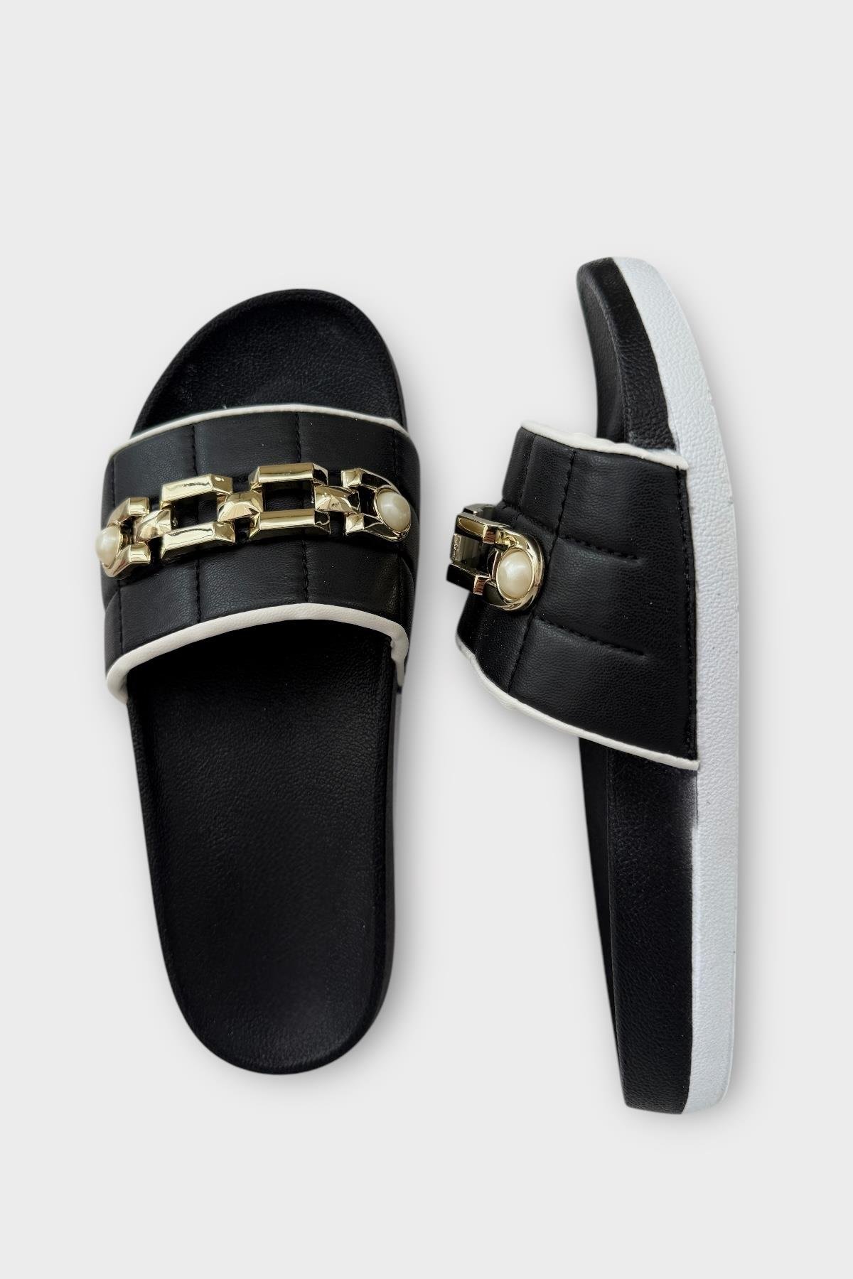 Kadın Günlük Terlik Tokalı Şık Yazlık Ev Plaj Tatil İş Terliği SİYAH - ALTIN - Görsel 7