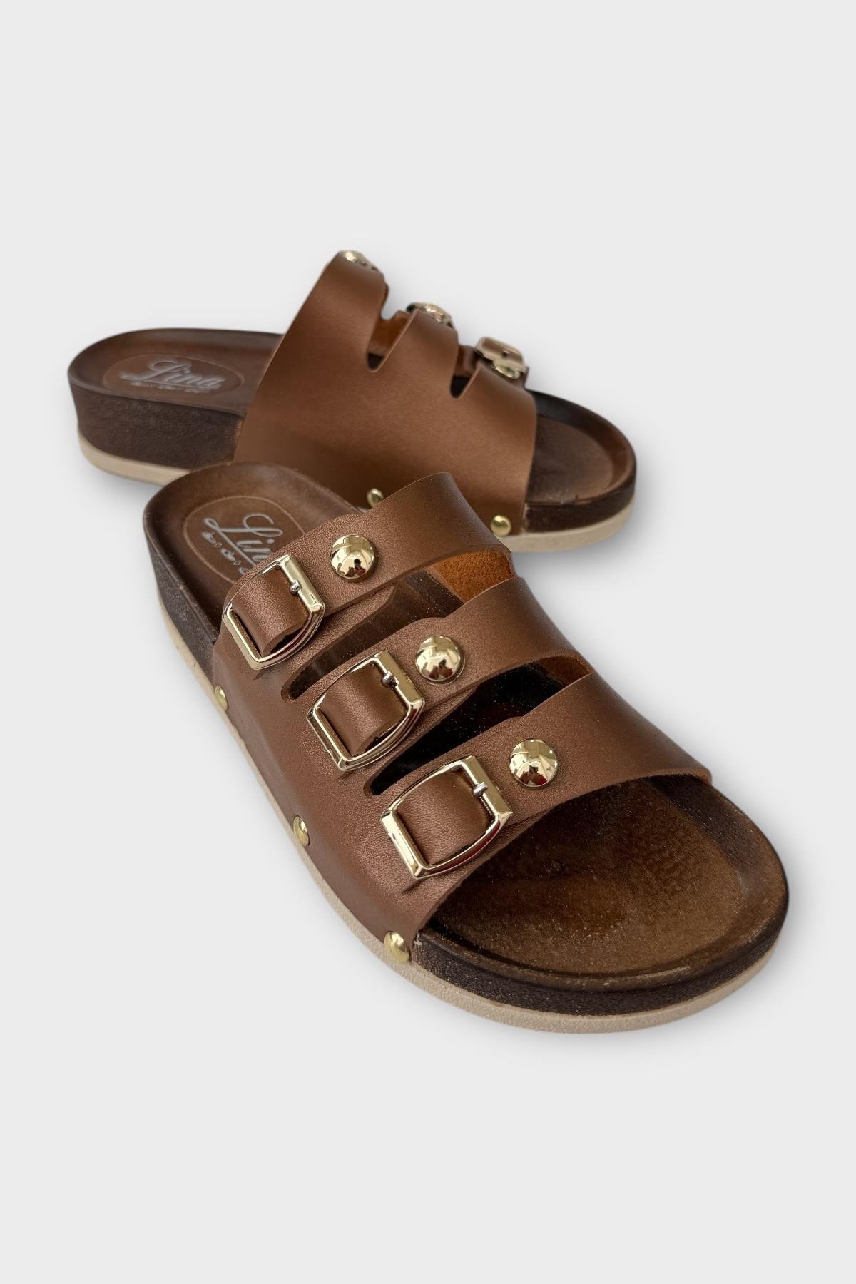 Kadın Günlük Terlik Tokalı Üç Bant Şık Ortopedik Yazlık Ev Plaj Tatil İş Terliği KAHVERENGİ - Görsel 3