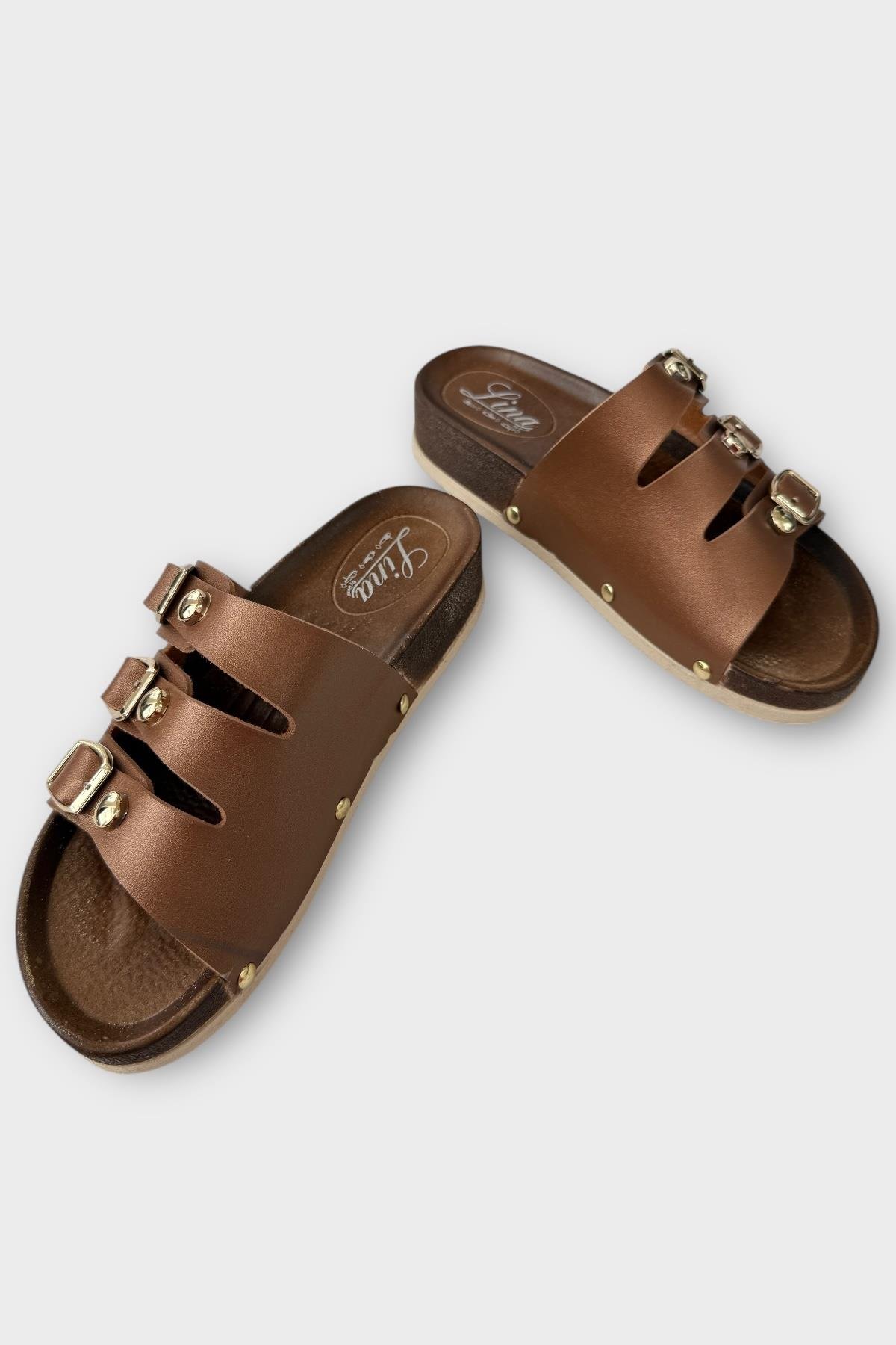 Kadın Günlük Terlik Tokalı Üç Bant Şık Ortopedik Yazlık Ev Plaj Tatil İş Terliği KAHVERENGİ - Görsel 4