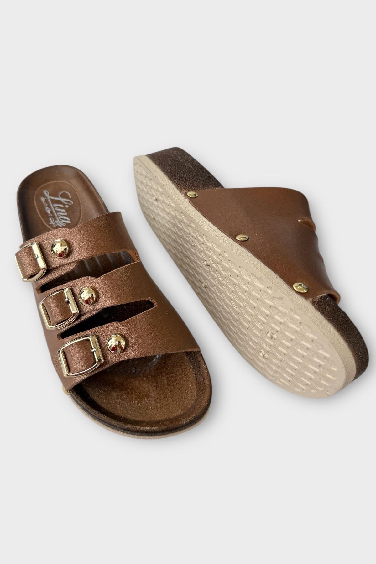 Kadın Günlük Terlik Tokalı Üç Bant Şık Ortopedik Yazlık Ev Plaj Tatil İş Terliği KAHVERENGİ - Görsel 5