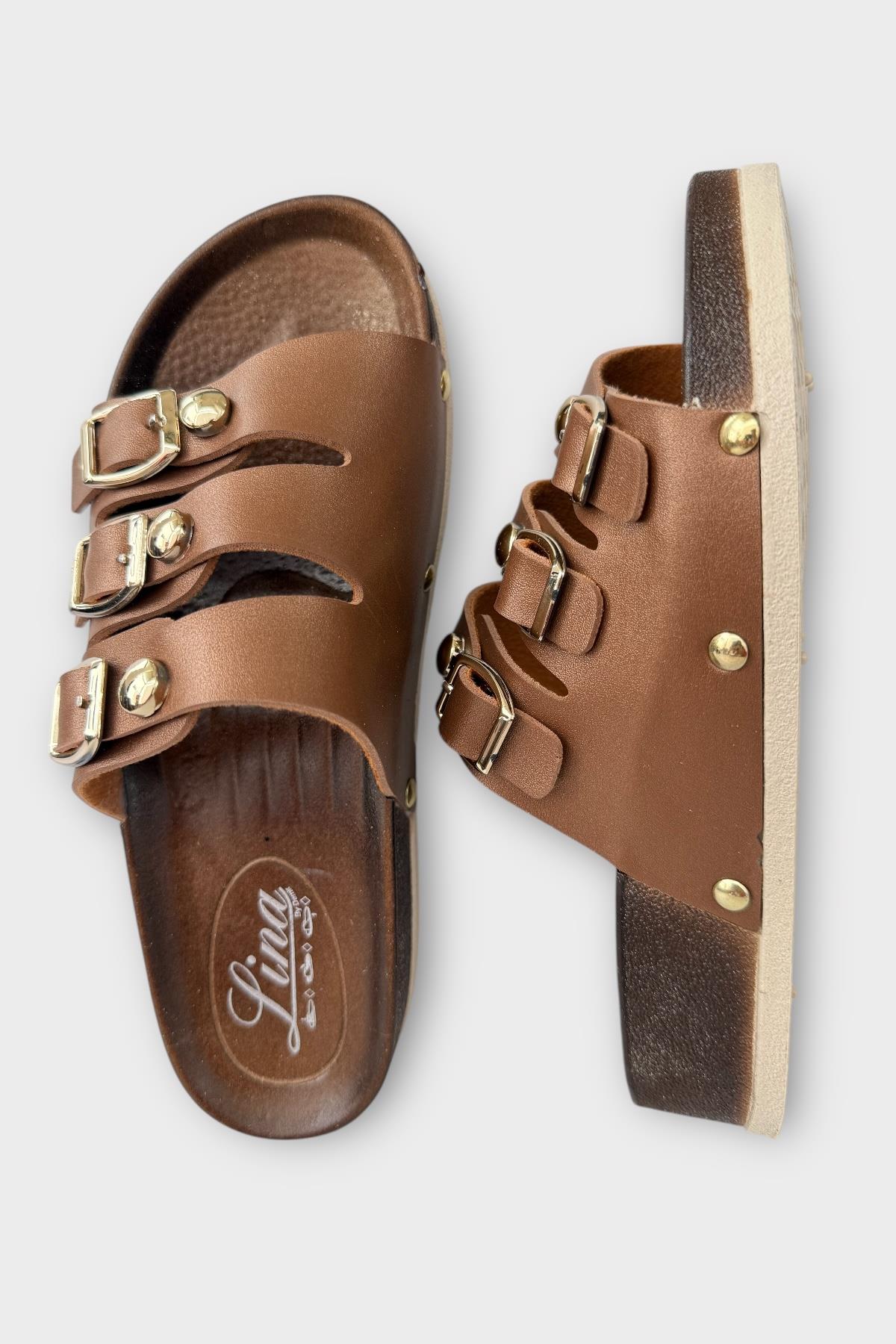 Kadın Günlük Terlik Tokalı Üç Bant Şık Ortopedik Yazlık Ev Plaj Tatil İş Terliği KAHVERENGİ - Görsel 7