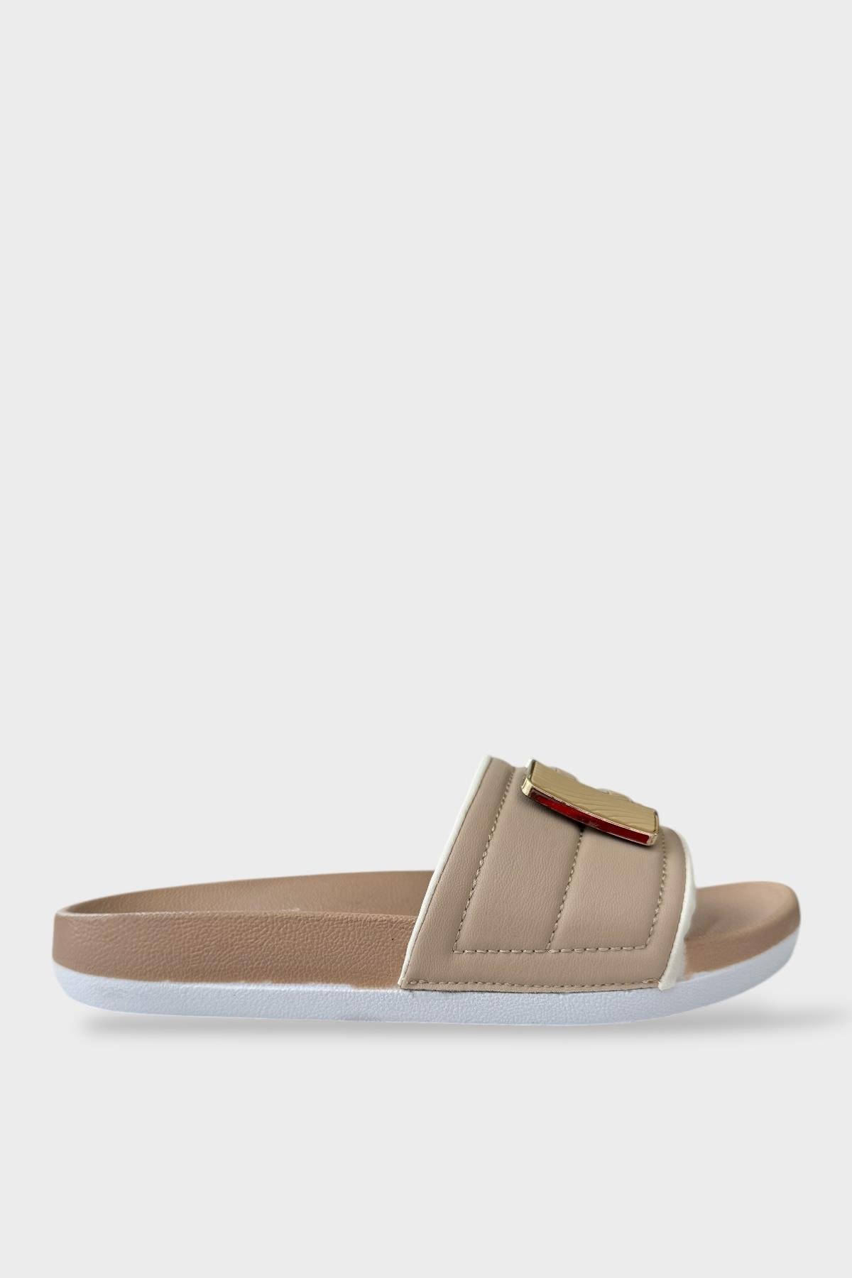 Kadın Günlük Terlik Tokalı Şık Yazlık Ev Plaj Tatil İş Terliği BEJ - Görsel 2