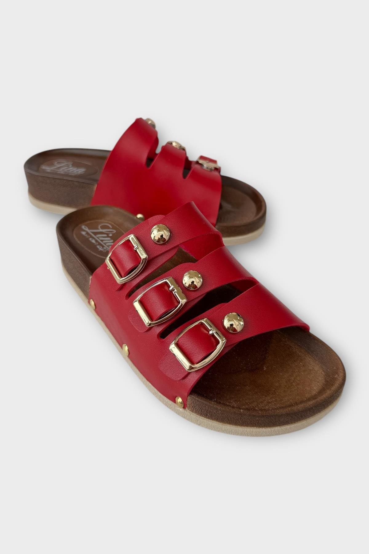 Kadın Günlük Terlik Tokalı Üç Bant Şık Ortopedik Yazlık Ev Plaj Tatil İş Terliği KIRMIZI - Görsel 3