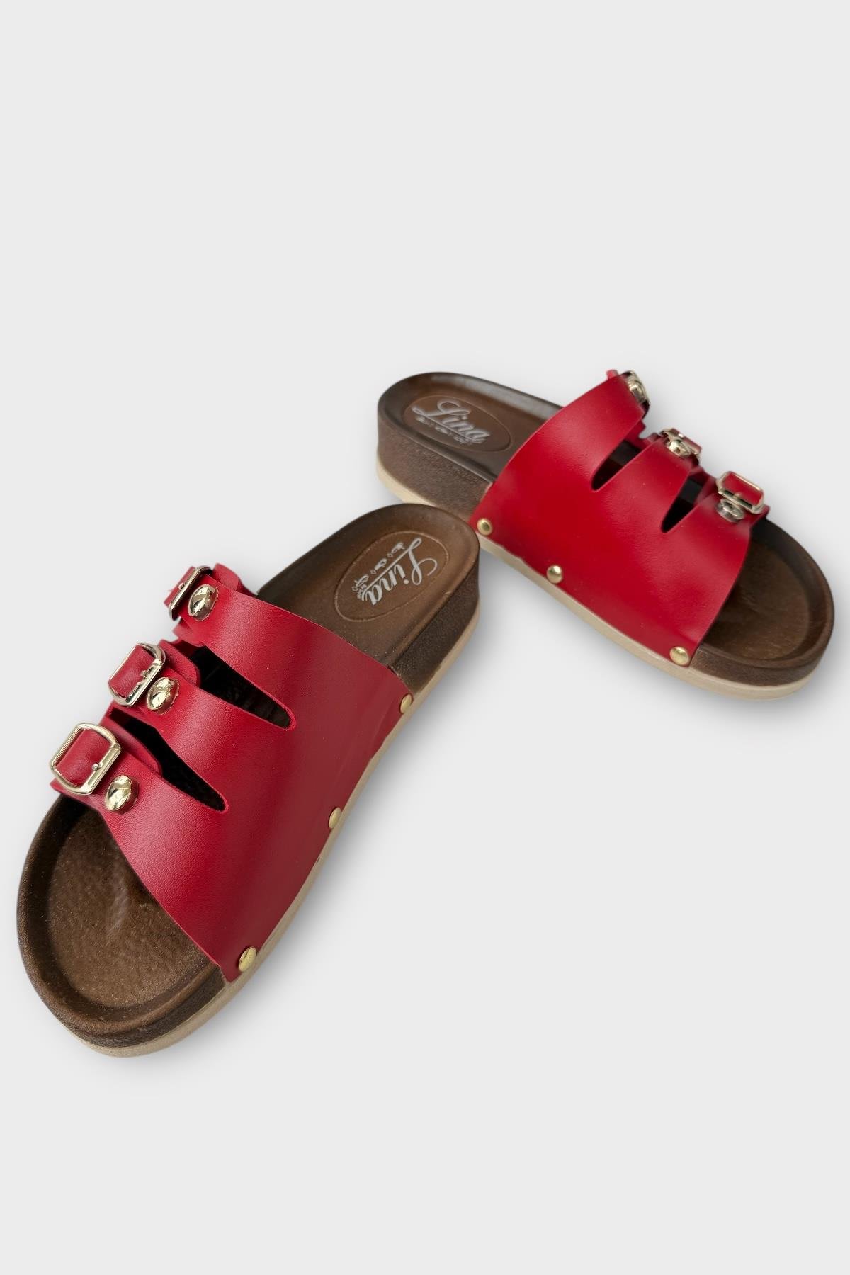 Kadın Günlük Terlik Tokalı Üç Bant Şık Ortopedik Yazlık Ev Plaj Tatil İş Terliği KIRMIZI - Görsel 4