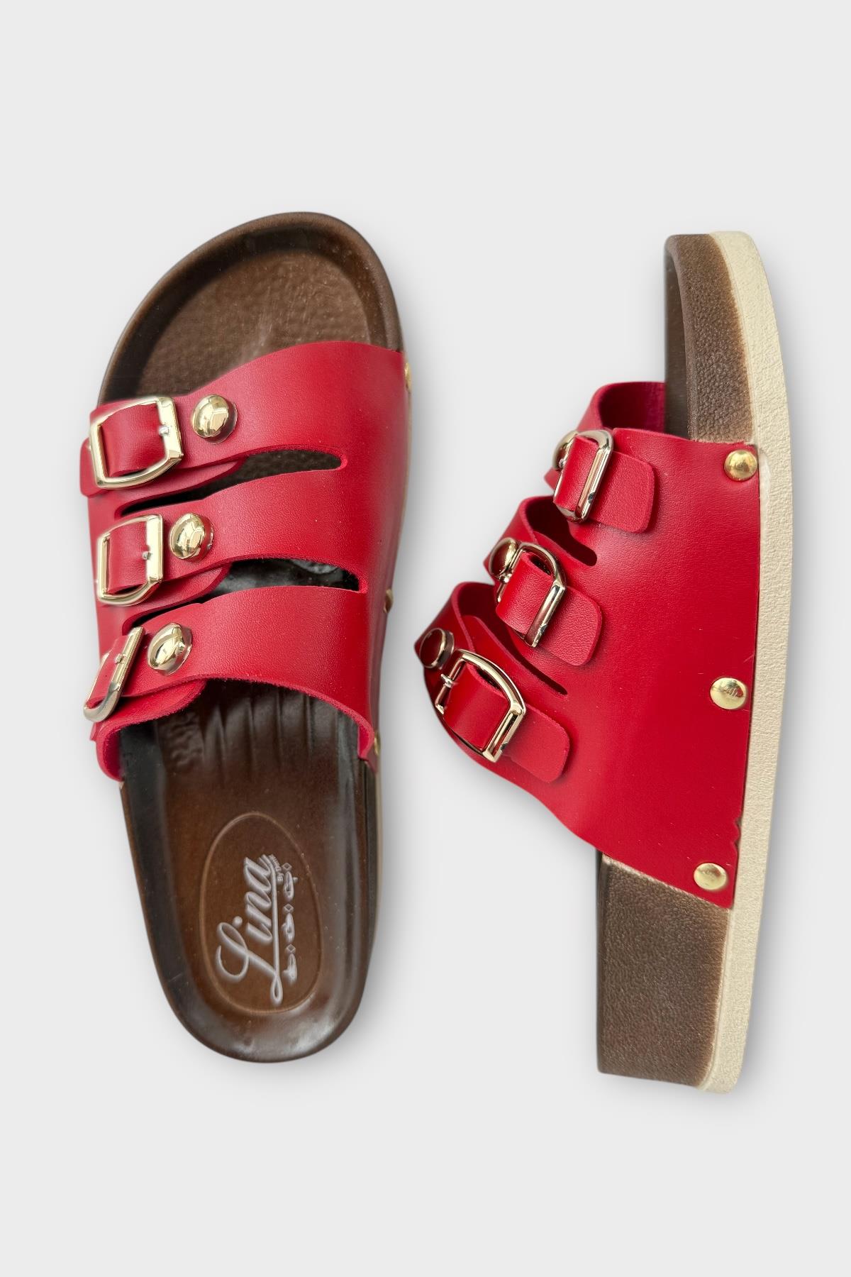 Kadın Günlük Terlik Tokalı Üç Bant Şık Ortopedik Yazlık Ev Plaj Tatil İş Terliği KIRMIZI - Görsel 7