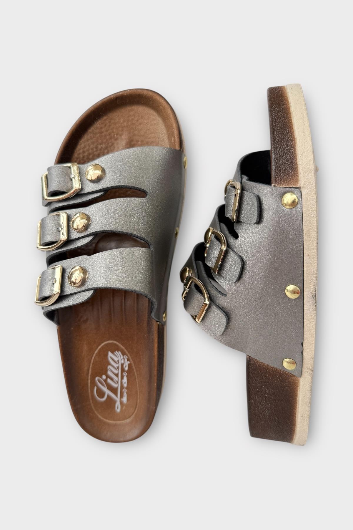 Kadın Günlük Terlik Tokalı Üç Bant Şık Ortopedik Yazlık Ev Plaj Tatil İş Terliği PLATİN - Görsel 7