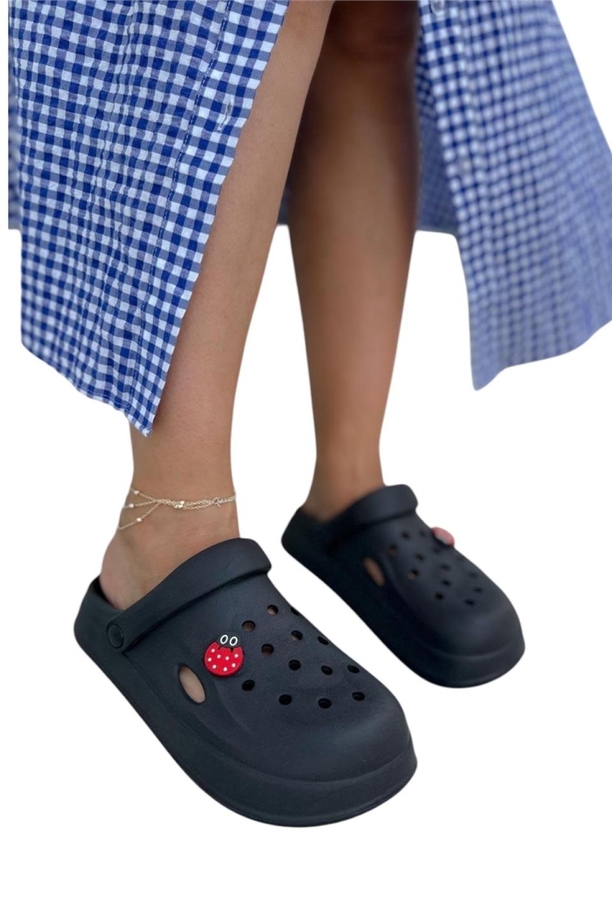 Kadın Comfort Uğur Böceği Tokalı Medikal Hemşire Sabo Terlik SİYAH - Görsel 7