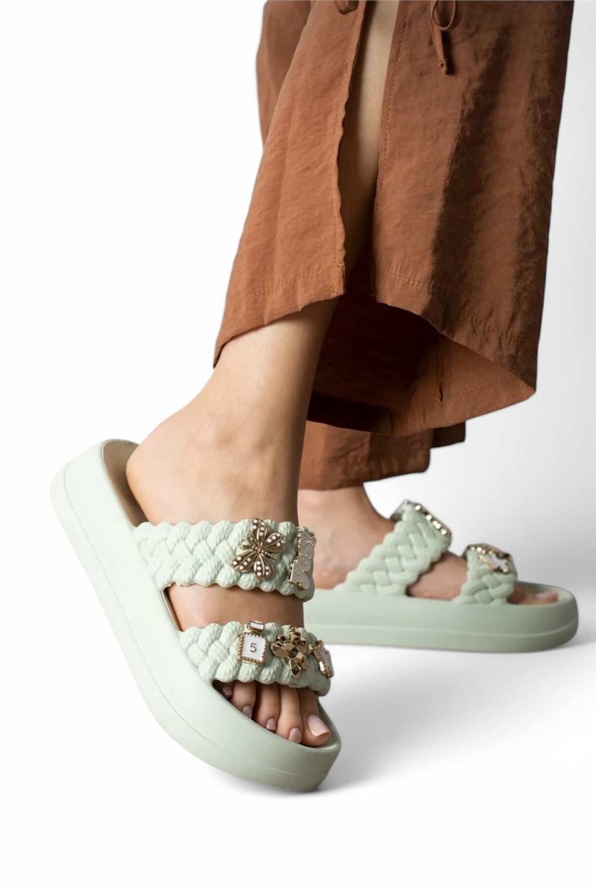 Kadın Taşlı Şık Rahat Konforlu Günlük Terlik SU YEŞİLİ - Görsel 6