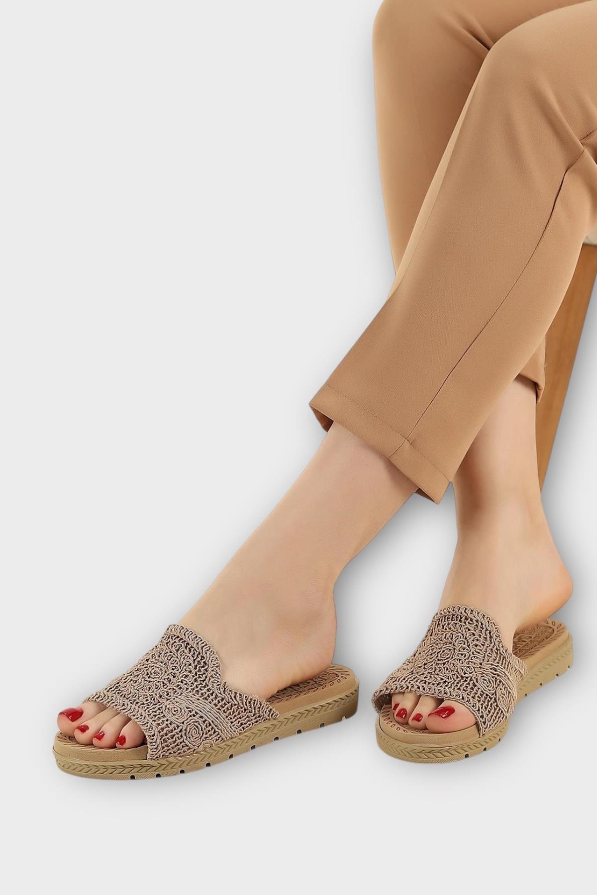 Kadın Örgülü Günlük Rahat Terlik VİZON - Görsel 3