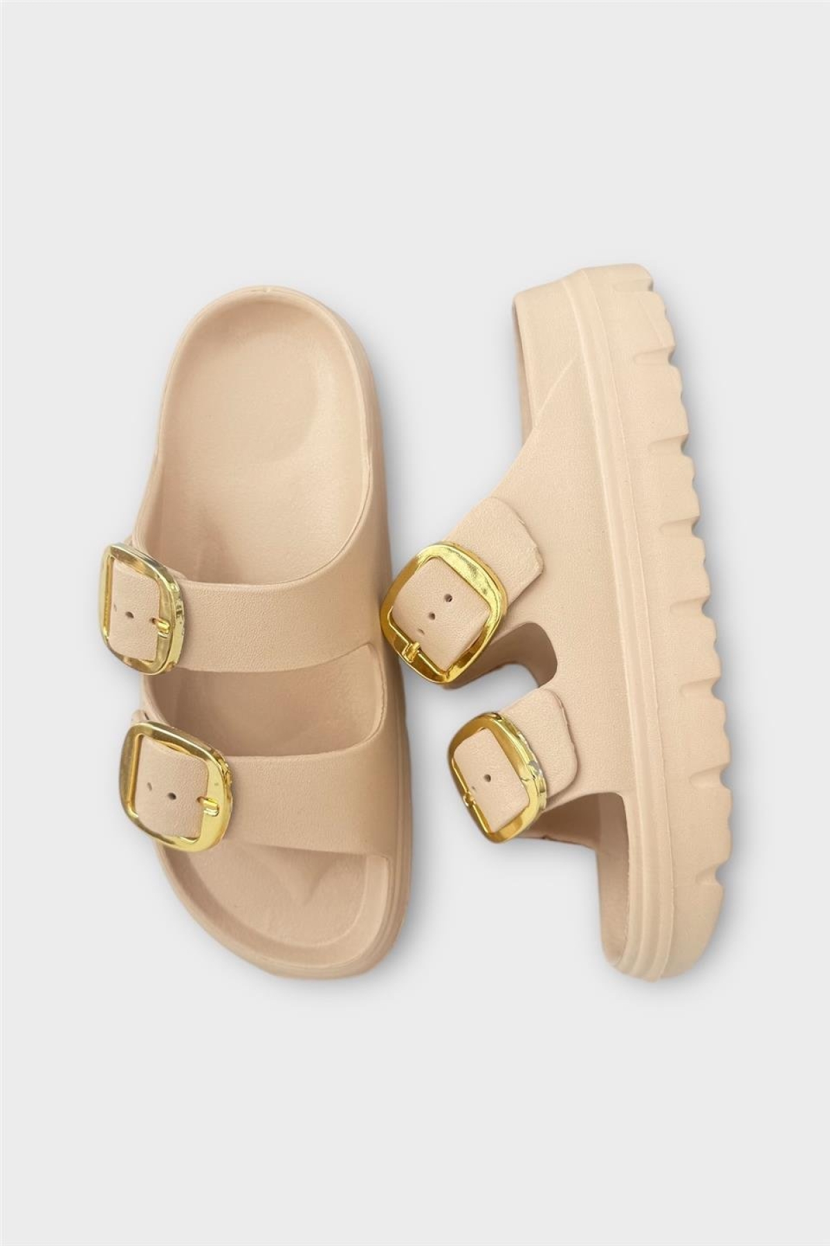 Yüksek Taban Tokalı Şık Kadın Terlik BEJ - Görsel 5