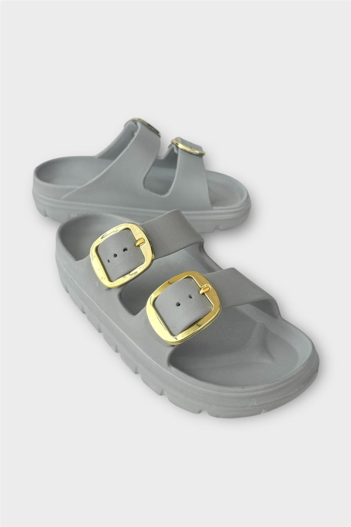 Yüksek Taban Tokalı Şık Kadın Terlik GRİ - Görsel 8